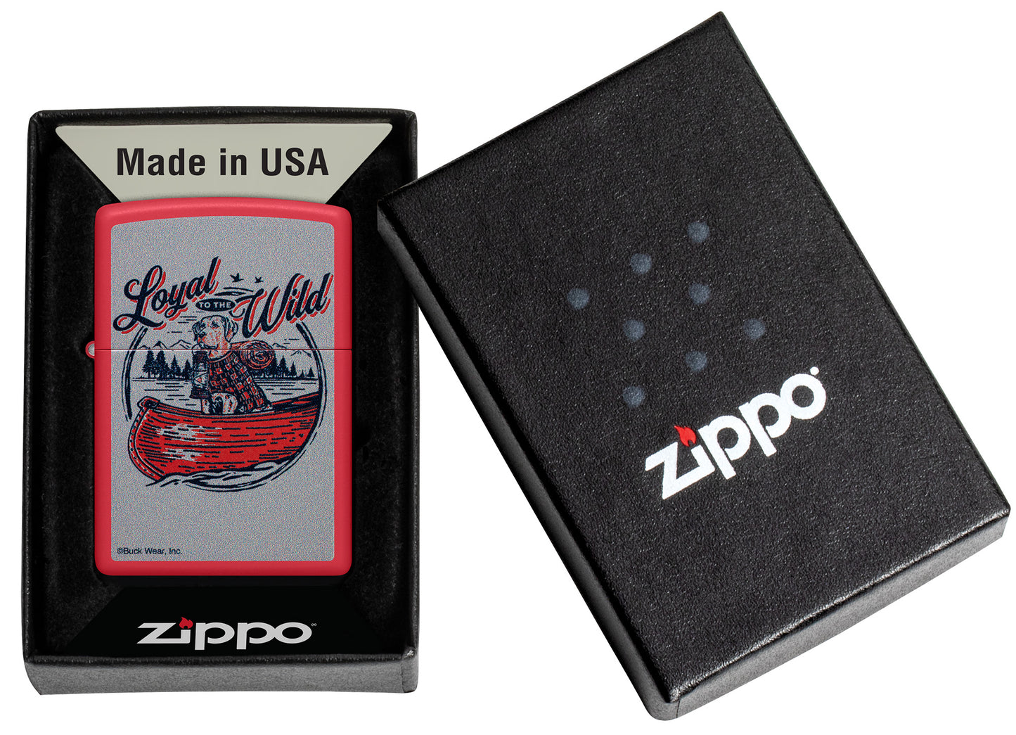 Zippo Buck Wear™ Loyal to the Wild Design Red Matte Windproof Lighter in its packaging.