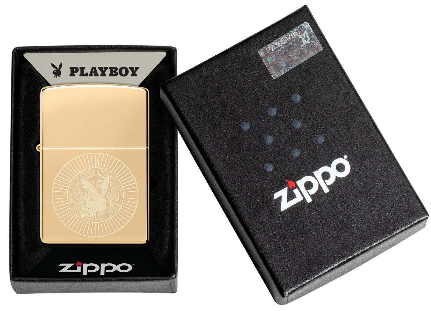 Zippo Playboy Rabbit Head Design High Polish Brass Windproof Lighter in its packaging.