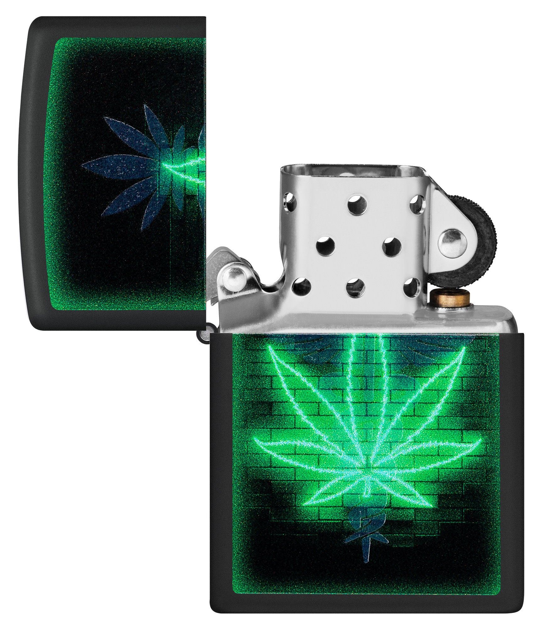 Zippo Gleaming Leaf Design Black Matte Windproof Lighter with its lid open and unlit.