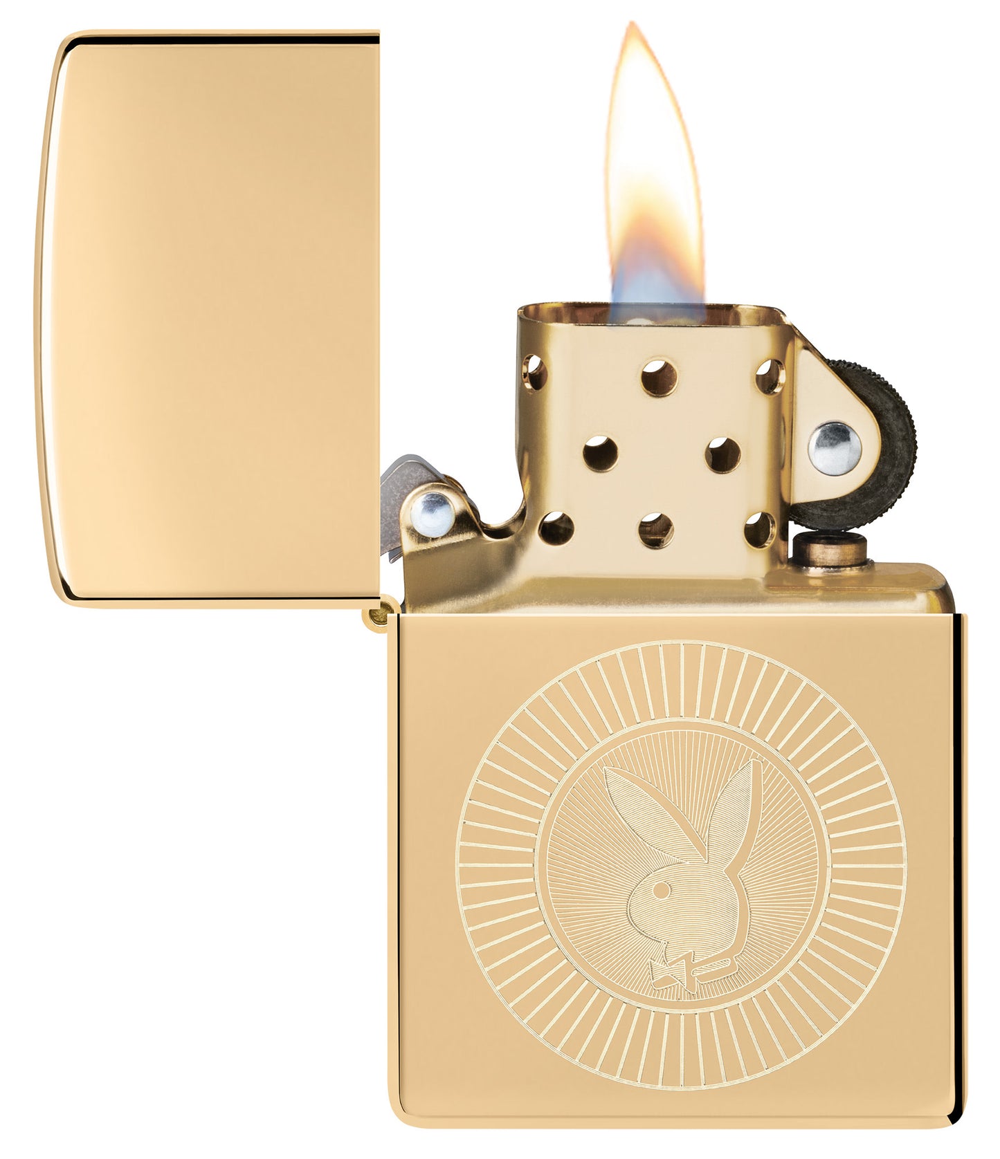 Zippo Playboy Rabbit Head Design High Polish Brass Windproof Lighter with its lid open and lit.