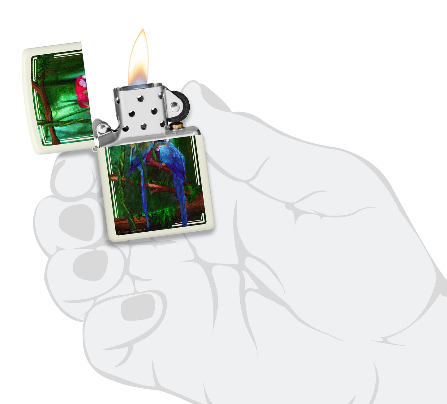 Zippo Carol Cavalaris Glow in the Dark Windproof Lighter lit in hand.