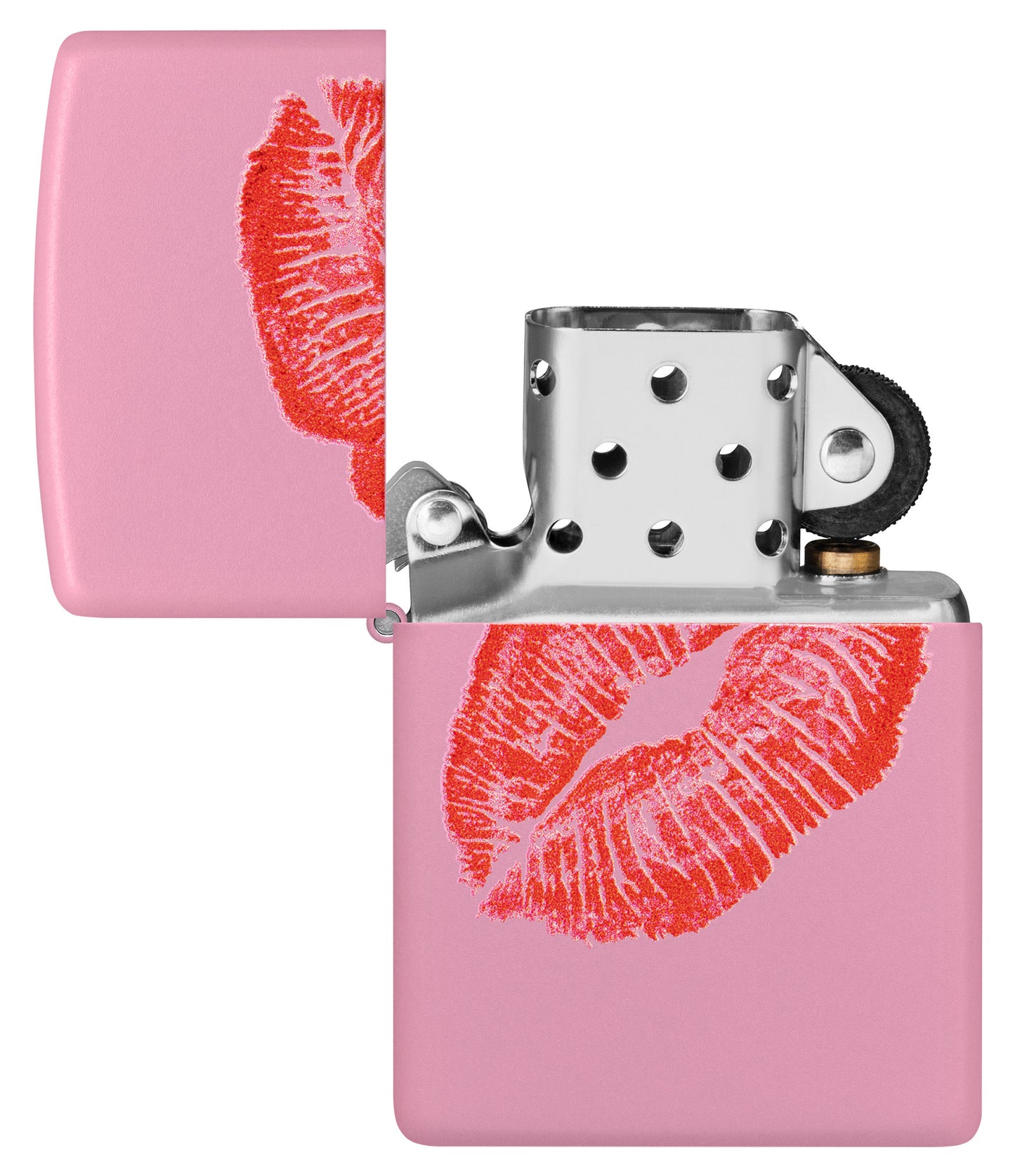 Zippo Smooches Design Pink Matte Windproof Lighter with its lid open and unlit.
