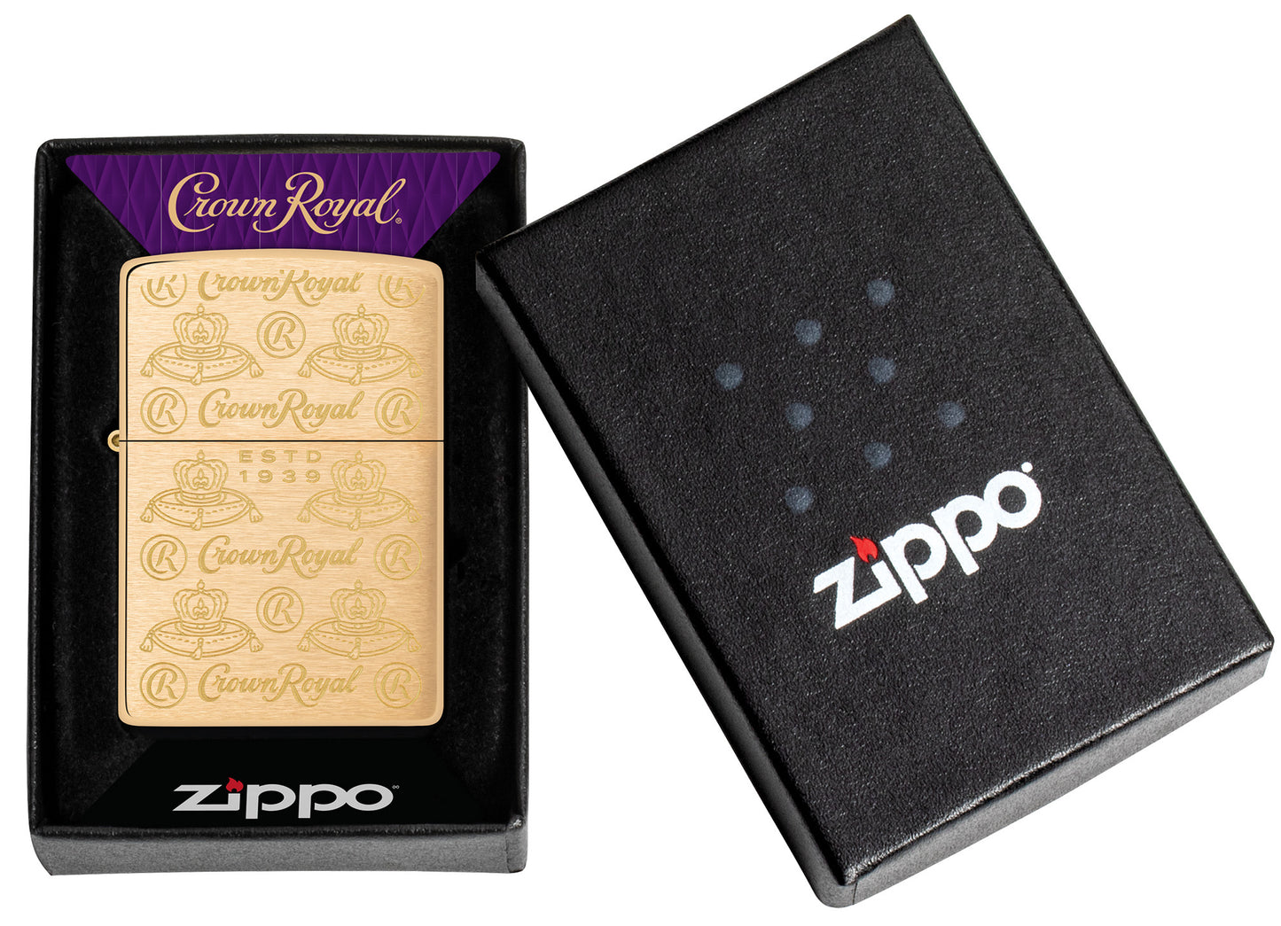 Zippo Crown Royal Elegance Design Brushed Brass Windproof Lighter in its packaging.