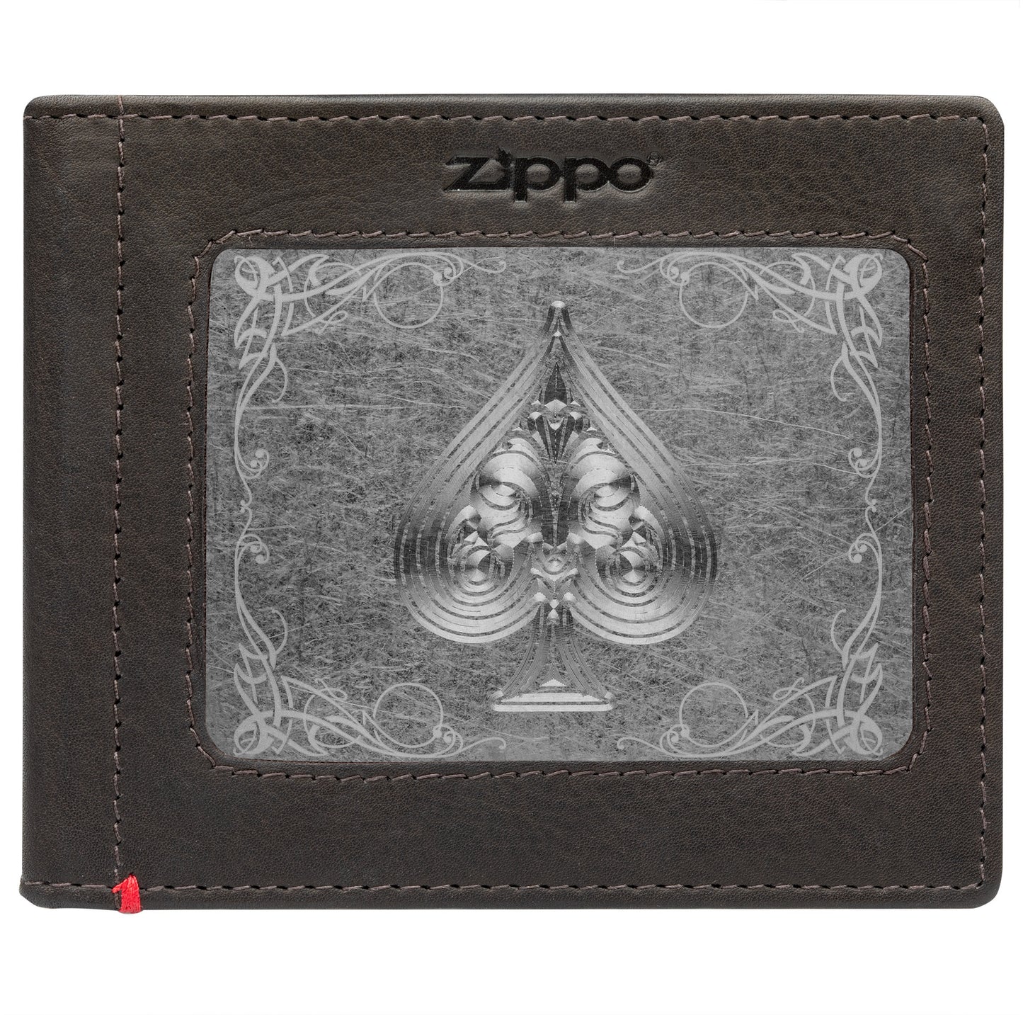 Front of mocha Leather Wallet With Spade Metal Plate - ID Window
