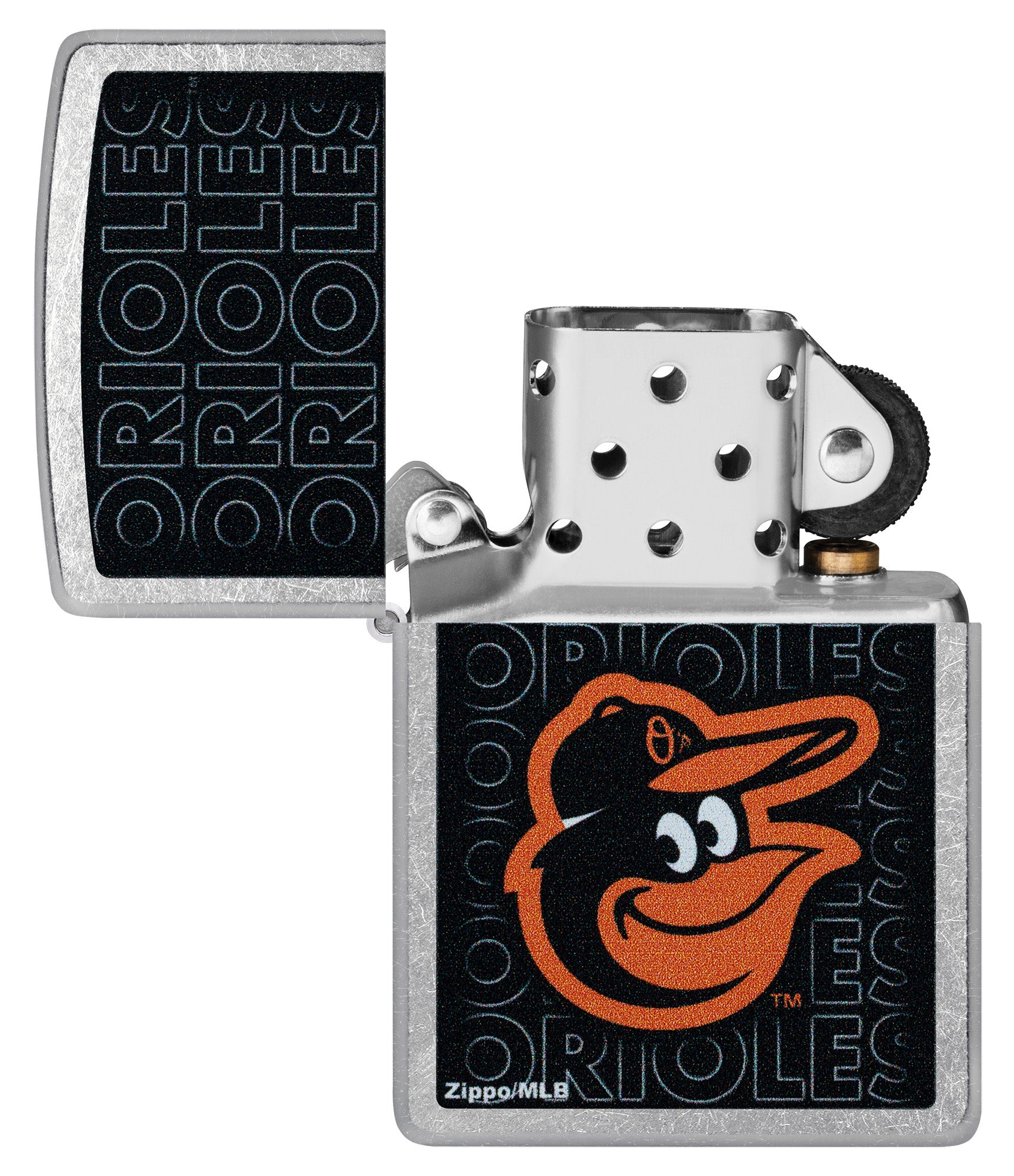 Zippo MLB® Baltimore Orioles Street Chrome Windproof Lighter with its lid open and unlit.