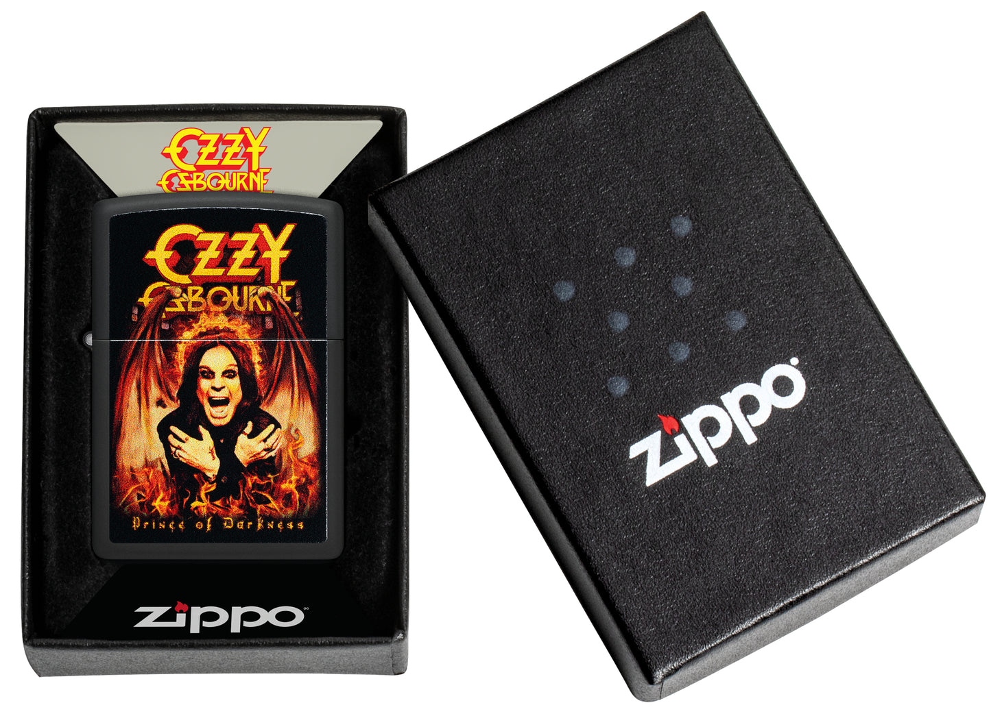 Zippo Ozzy Osbourne Prince of Darkness Design Black Matte Windproof Lighter in its packaging.