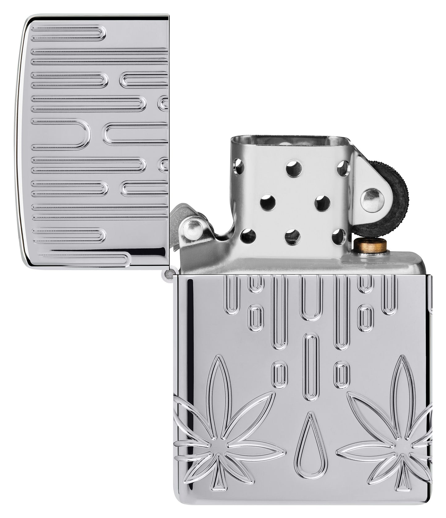 Zippo Waxy Leaf Design Armor® High Polish Chrome Windproof Lighter with its lid open and unlit.
