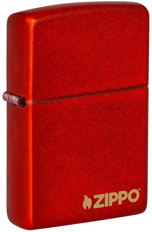 Front shot of Classic Metallic Red Zippo Logo Windproof Lighter standing at a 3/4 angle.