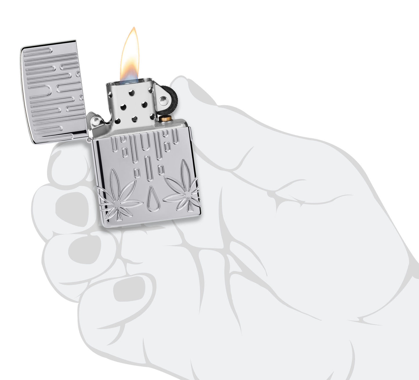 Zippo Waxy Leaf Design Armor® High Polish Chrome Windproof Lighter lit in hand.
