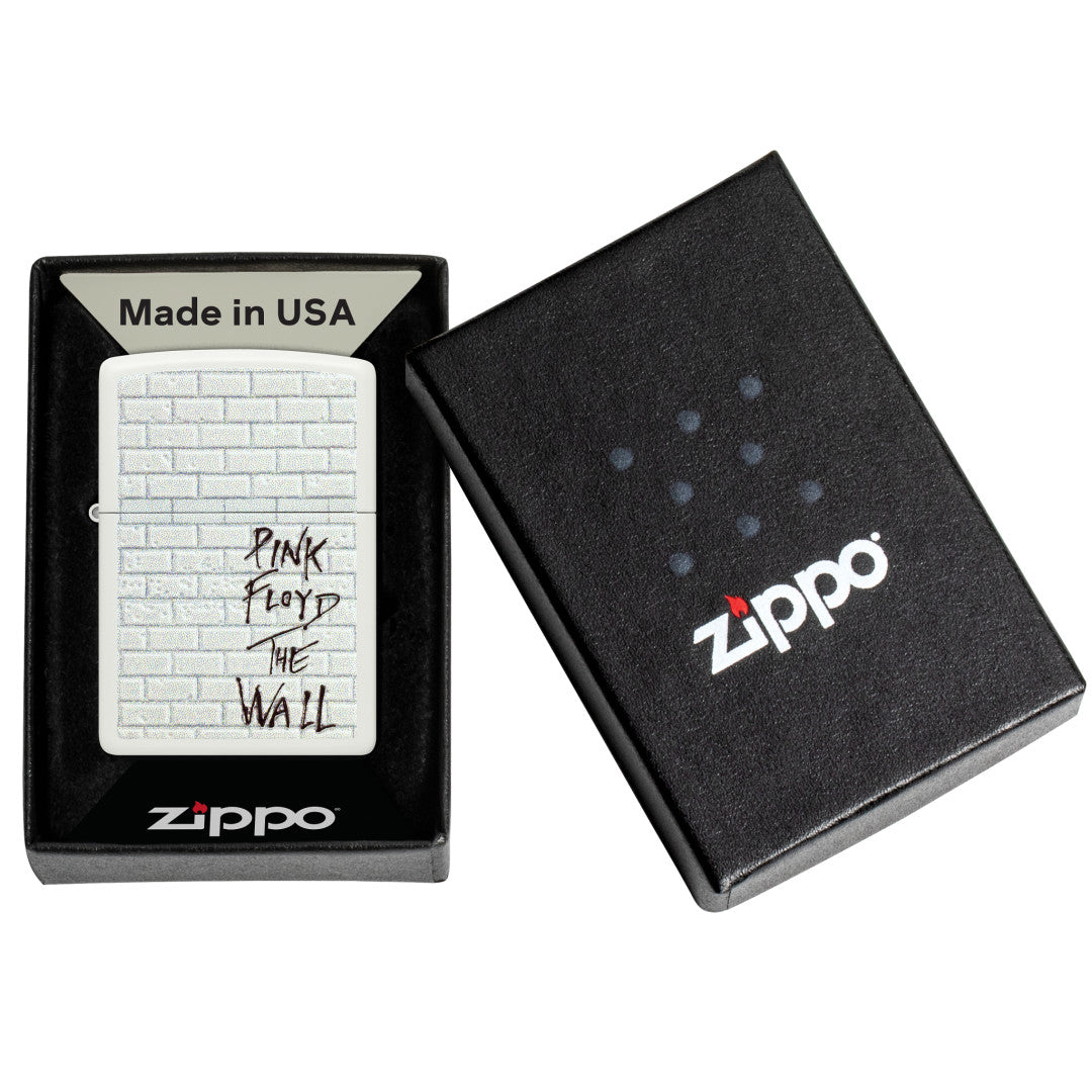 Zippo Pink Floyd The Wall Design White Matte Windproof Lighter in its packaging.