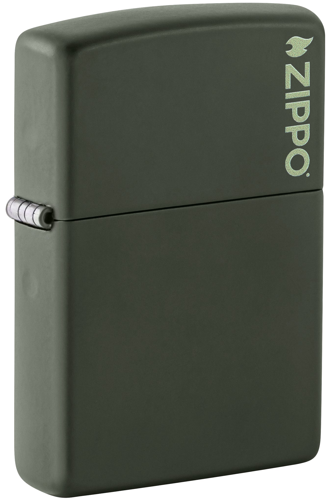 Front shot of Classic Zippo Logo Green Matte Windproof Lighter standing at a 3/4 angle.