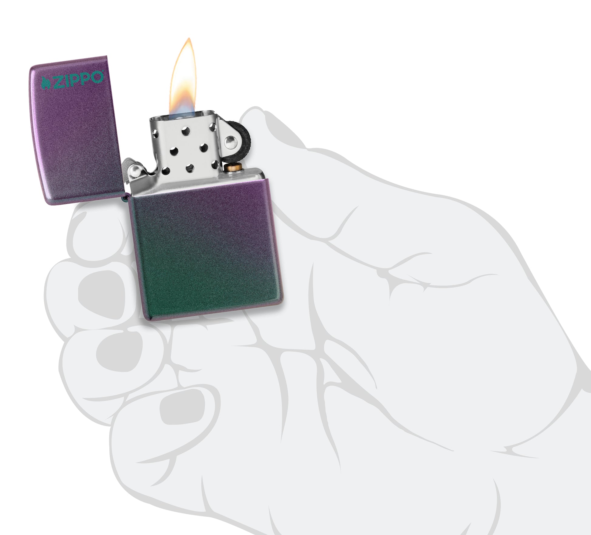 Classic Iridescent Zippo Logo Windproof Lighter lit in hand.