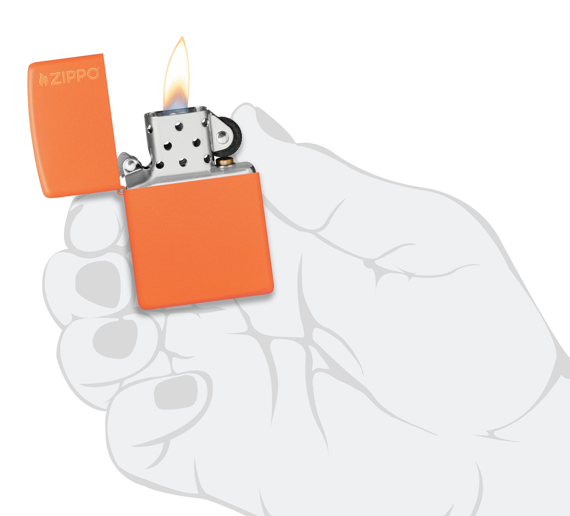 Classic Orange Matte Zippo Logo Windproof Lighter lit in hand.