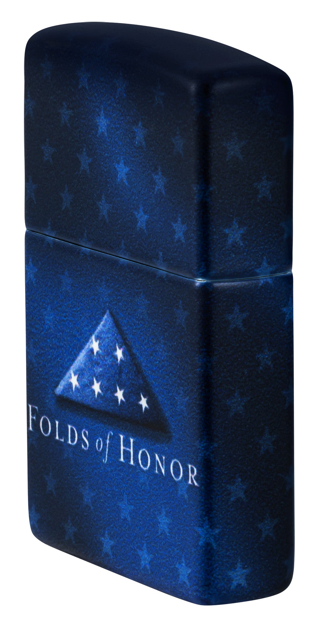 Angled shot of Zippo Folds of Honor Star-Studded Design 540 Matte Pocket Lighter showing the front and right sides of the lighter.