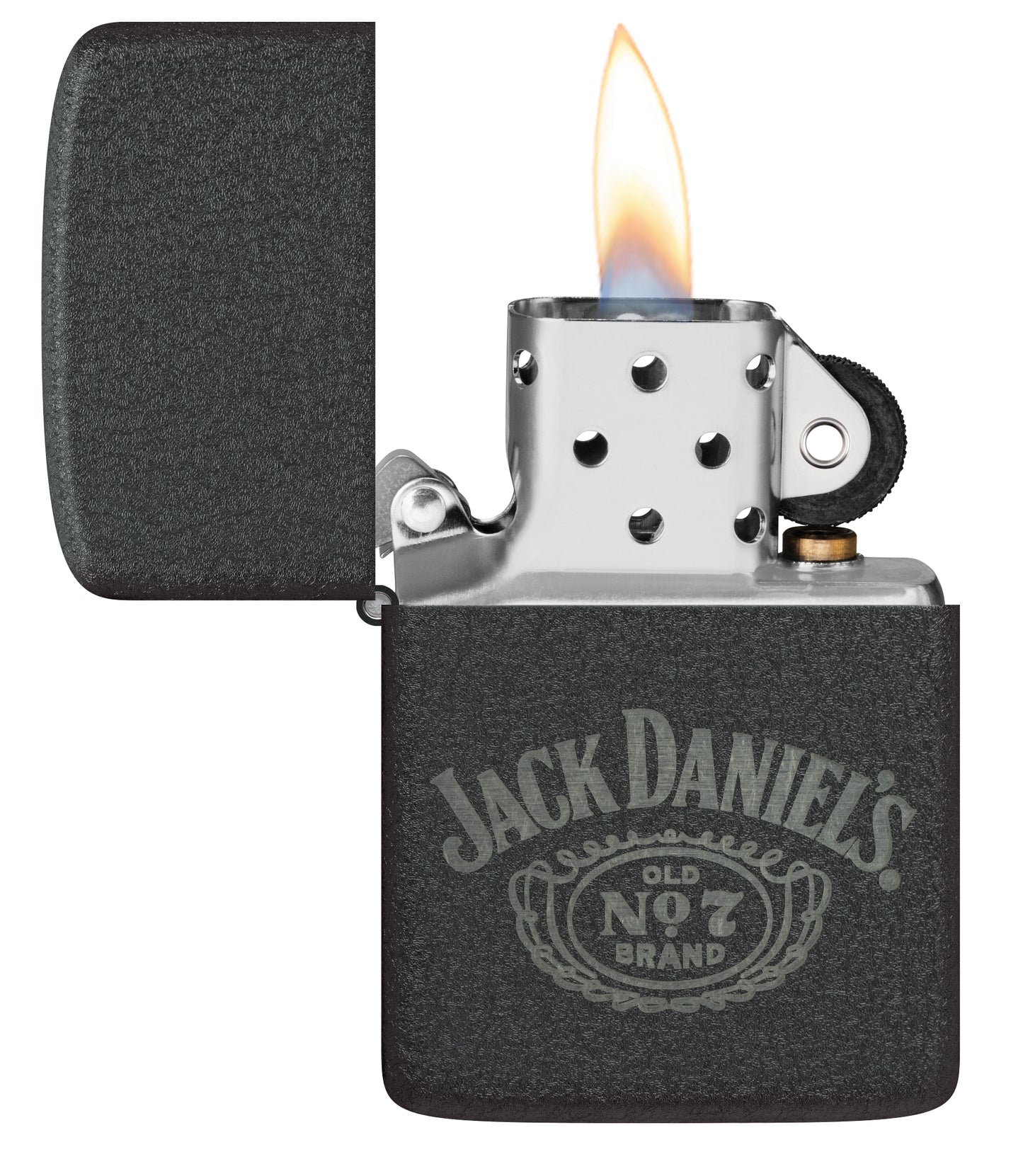 Zippo Jack Daniel's® No. 7 Design 1941 Replica Black Crackle® Windproof Lighter with its lid open and lit.
