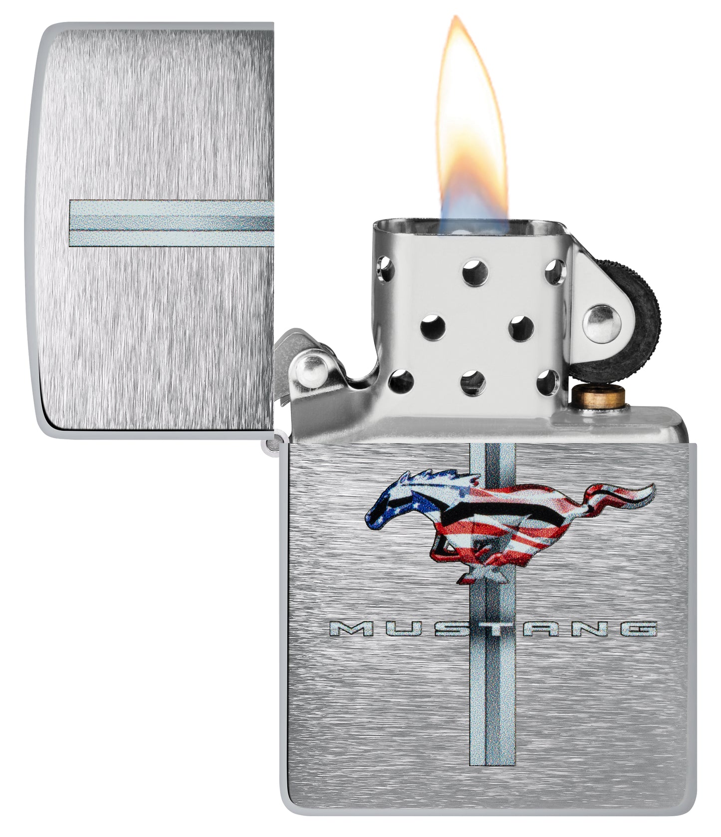 Zippo Ford Mustang Design Brushed Chrome Windproof Lighter with its lid open and lit.