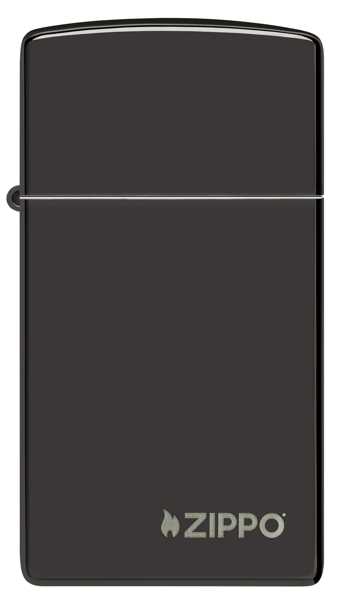 Front view of Slim® High Polish Black Zippo Logo Windproof Lighter.
