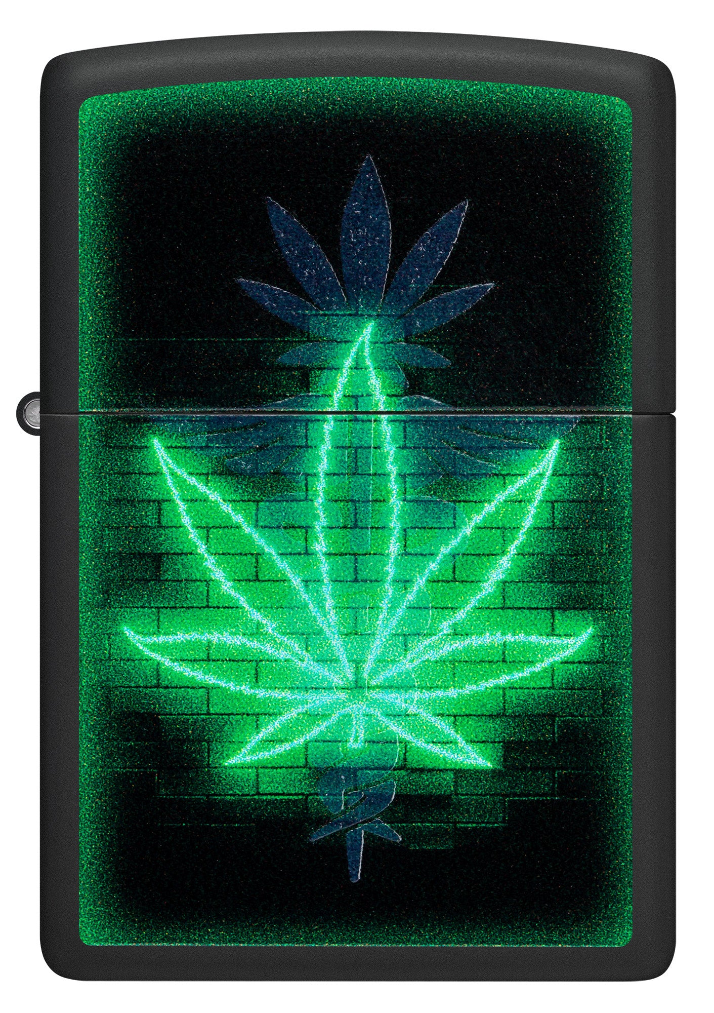 Front view of Zippo Gleaming Leaf Design Black Matte Windproof Lighter.