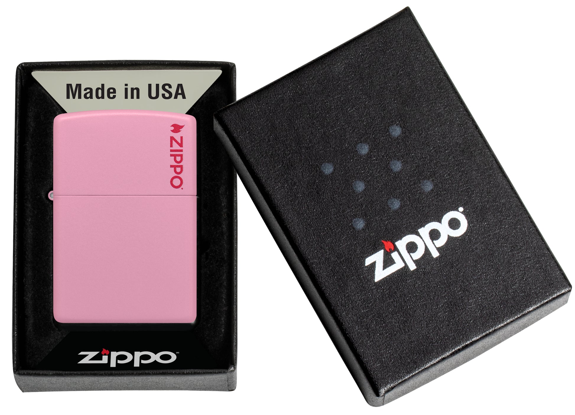 Classic Pink Matte Zippo Logo Windproof Lighter in its packaging.