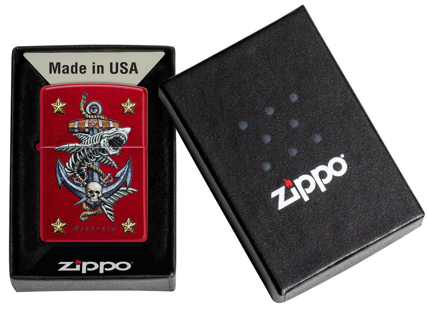 Zippo Rietveld Anchor Design Candy Apple Red Windproof Lighter in its packaging.