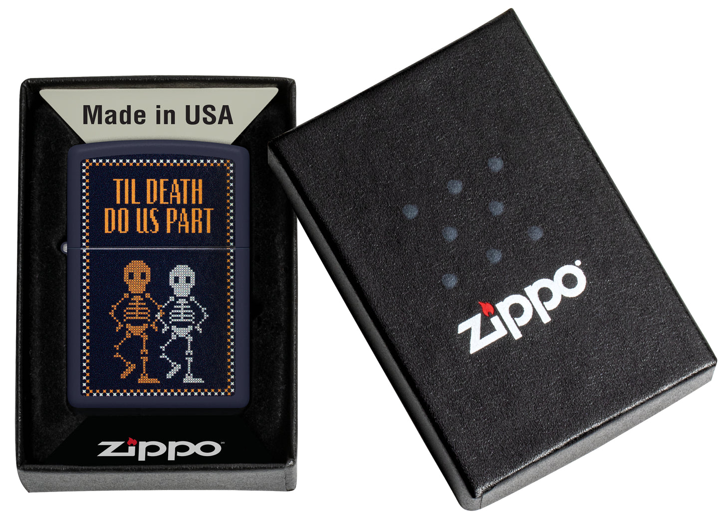 Zippo Til Death Do Us Part Design Navy Matte Windproof Lighter in its packaging.