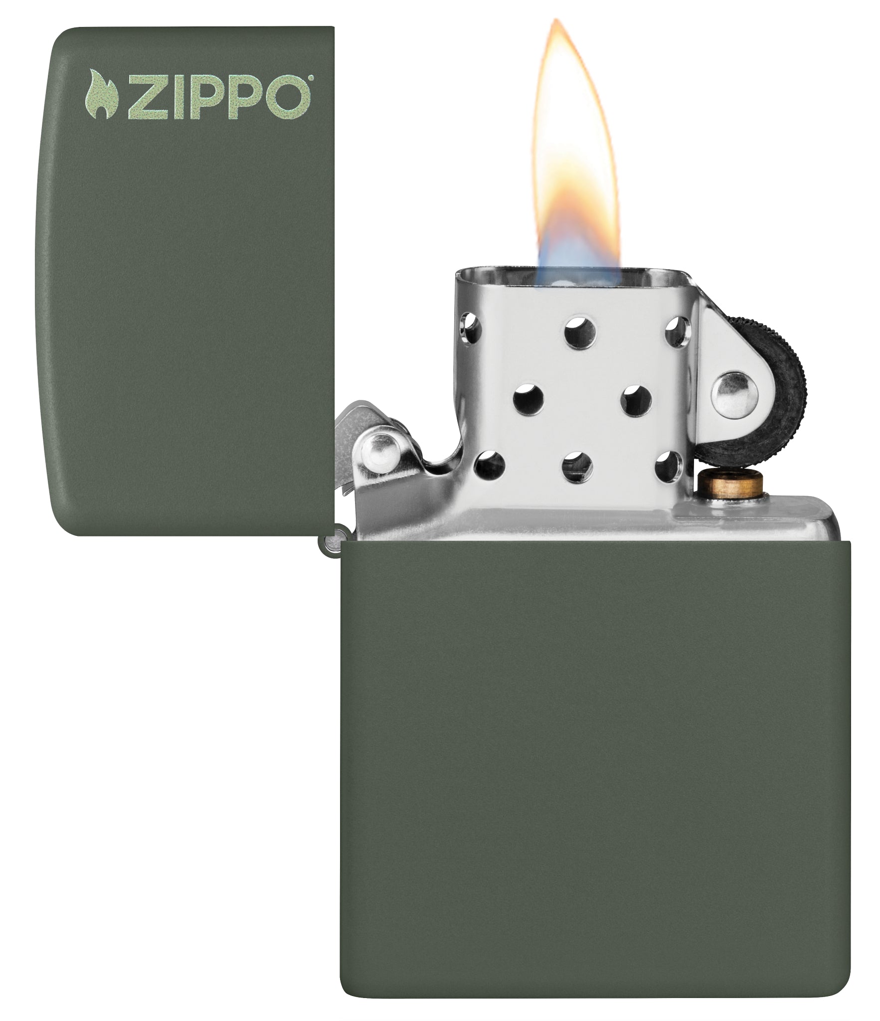 Classic Zippo Logo Green Matte Windproof Lighter with its lid open and lit.