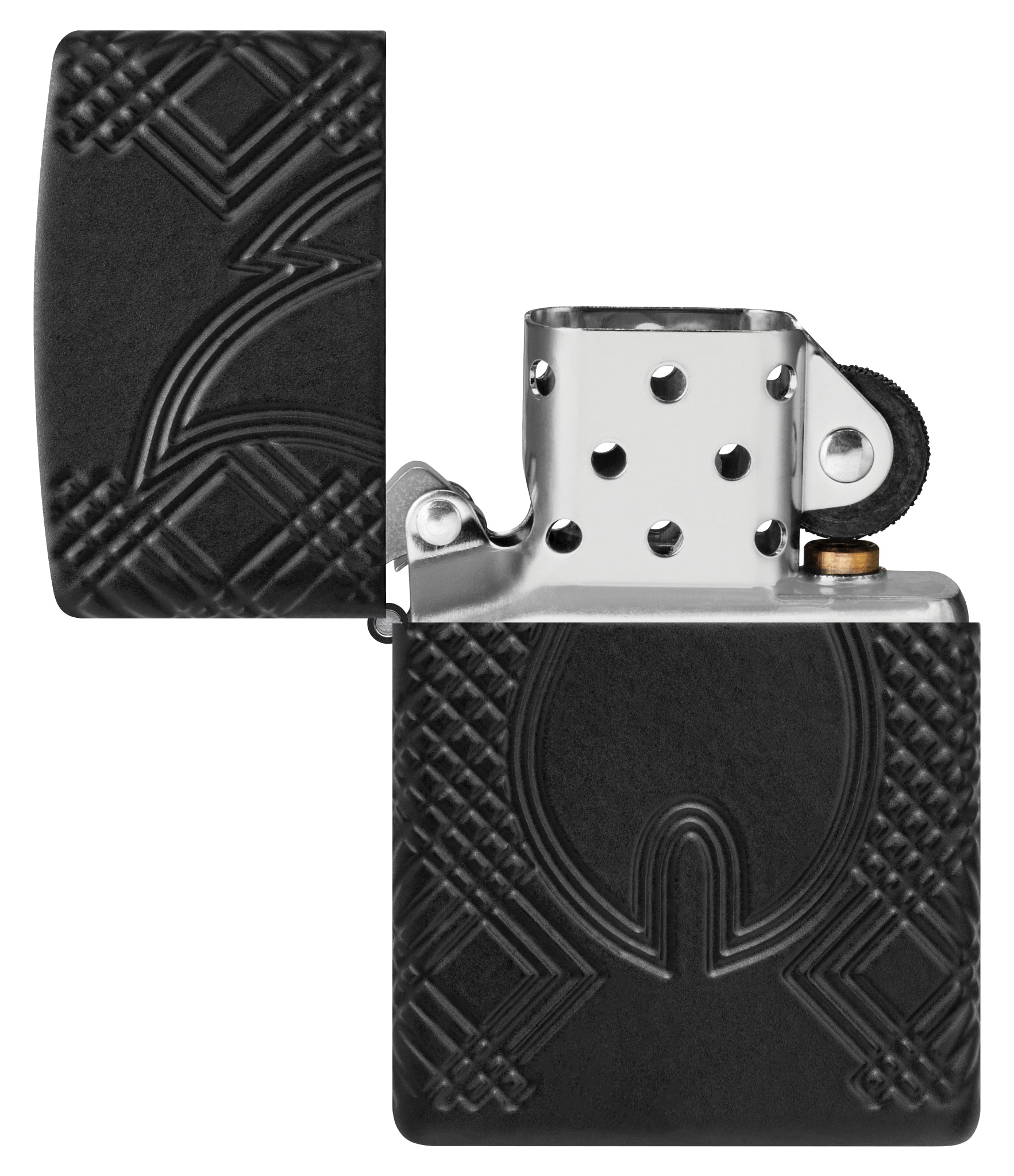 Zippo Rivet Flame Armor® Black Matte Windproof Lighter with its lid open and unlit.