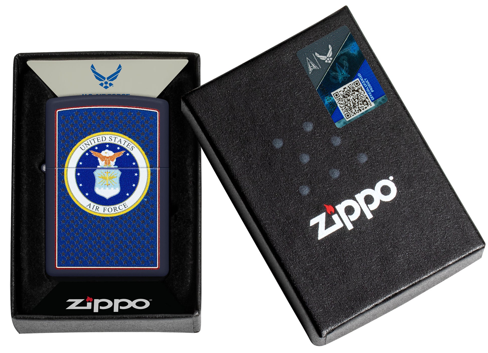 Zippo U.S. Air Forceâ„¢ Navy Matte Windproof Lighter in its packaging.