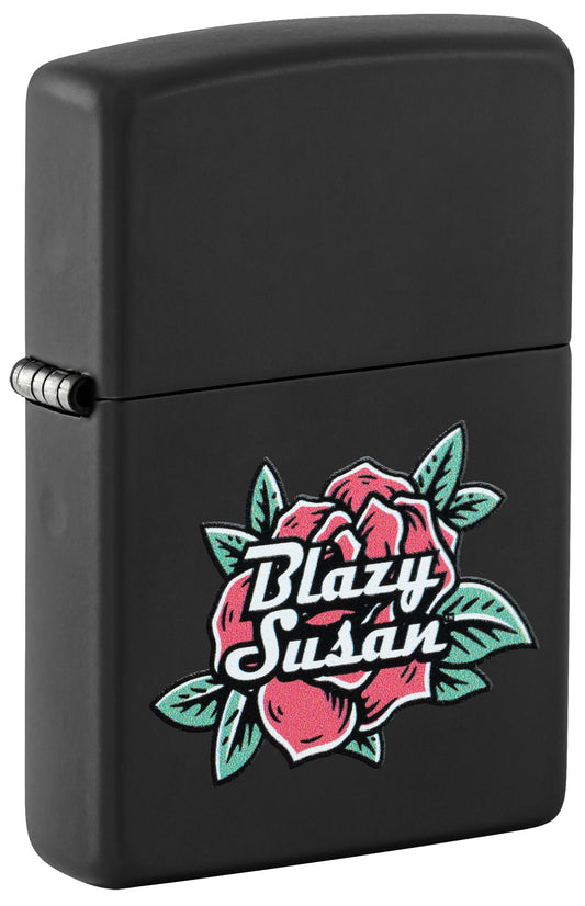 Front shot of Zippo Blazy Susan™ Logo Design Black Matte Windproof Lighter standing at a 3/4 angle.