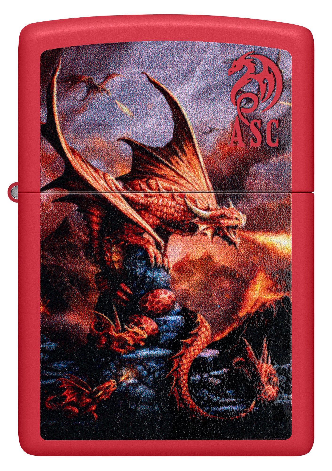 Front view of Zippo Anne Stokes Fire Dragon Design Red Matte Windproof Lighter.