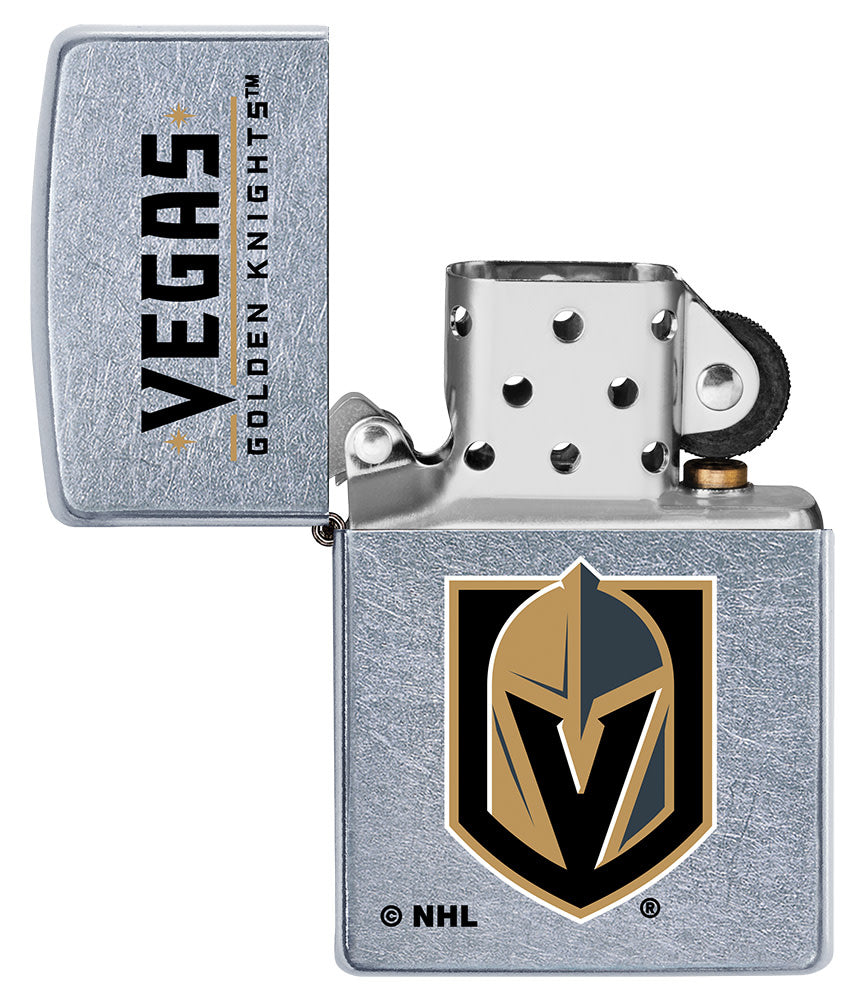 NHL Vegas Golden Knights Street Chrome™ Windproof Lighter with its lid open and unlit