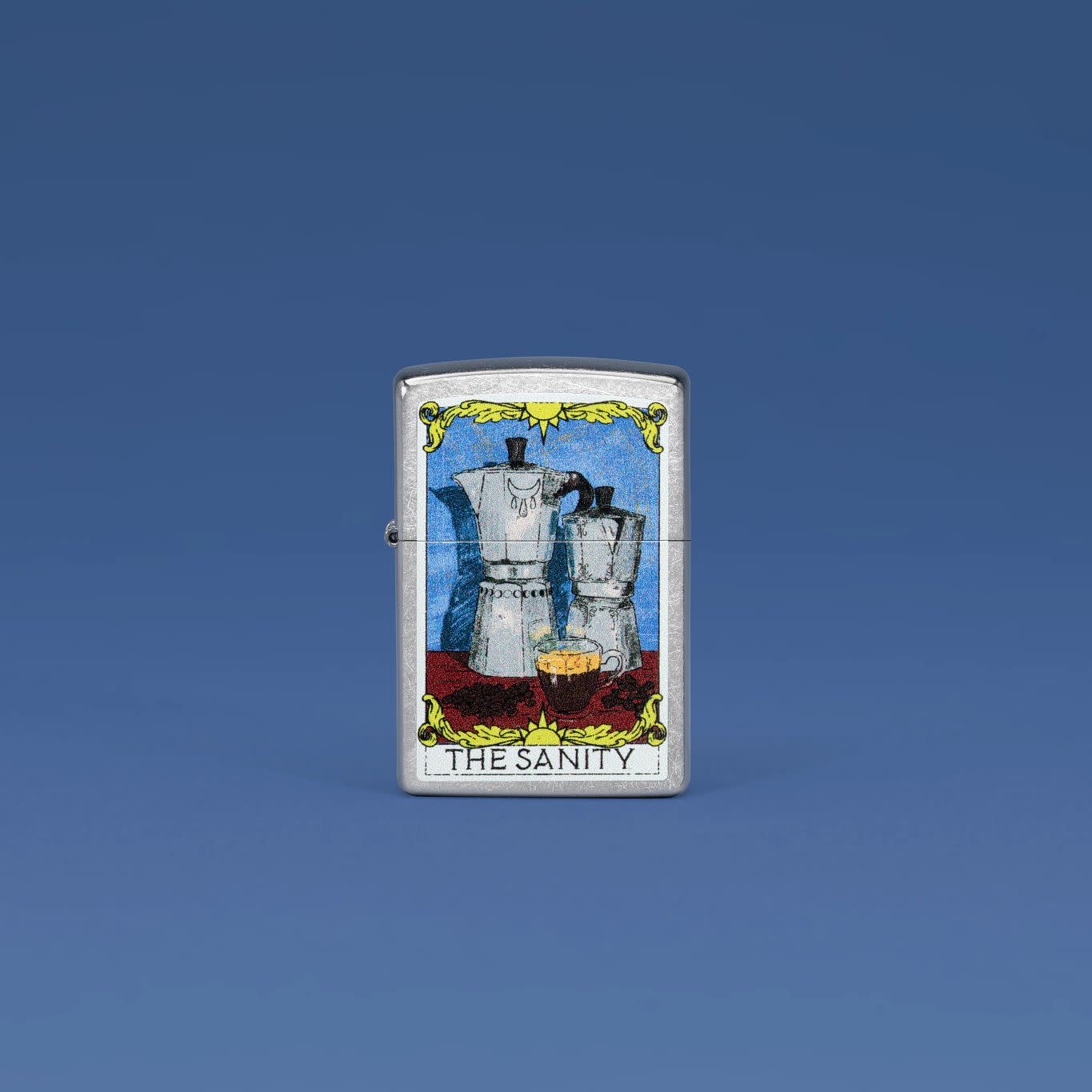 Lifestyle image of Zippo Coffee Sanity Street Chrome Windproof Lighter on a medium blue background.