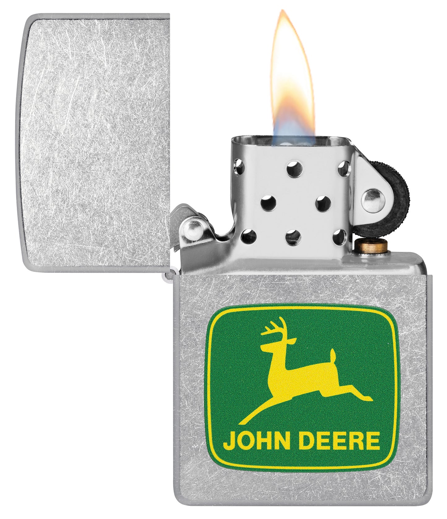 Zippo John Deere Leaping Deer Design Street Chrome Pocket Lighter with its lid open and lit.