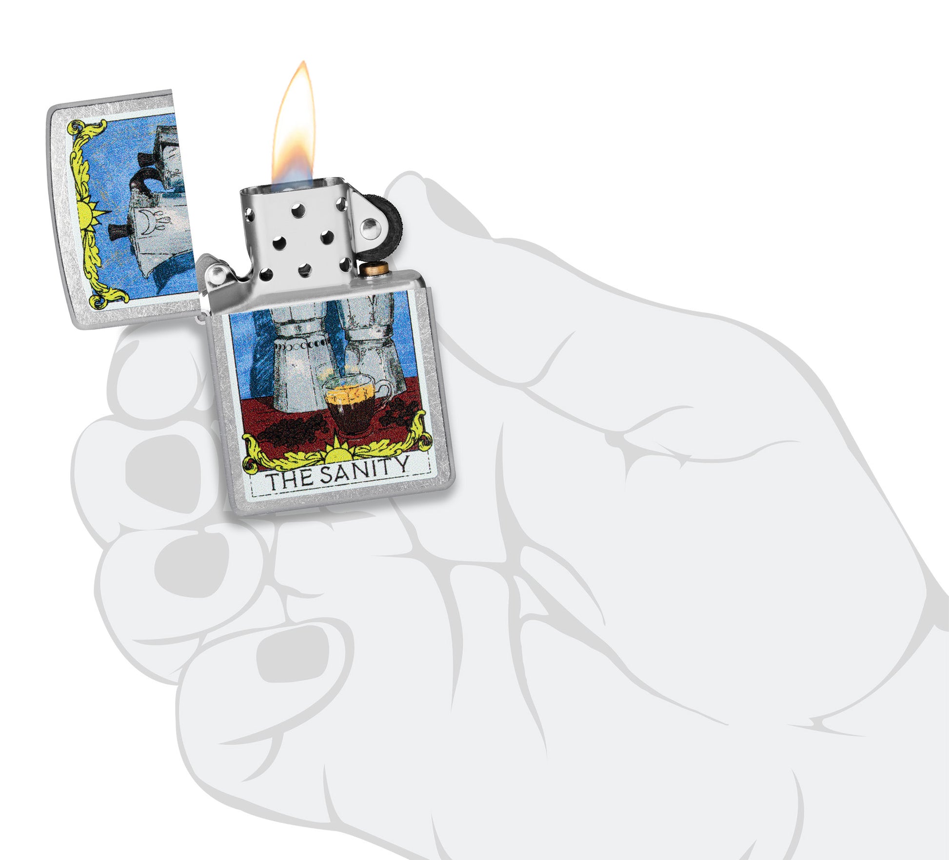 Zippo Coffee Sanity Street Chrome Windproof Lighter lit in hand.