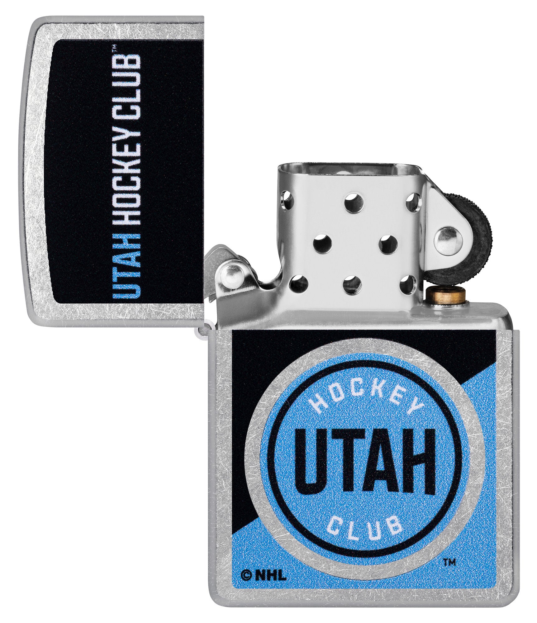 Zippo NHL® Utah Hockey Club® 2024 Street Chrome™ Windproof Lighter lit in hand.