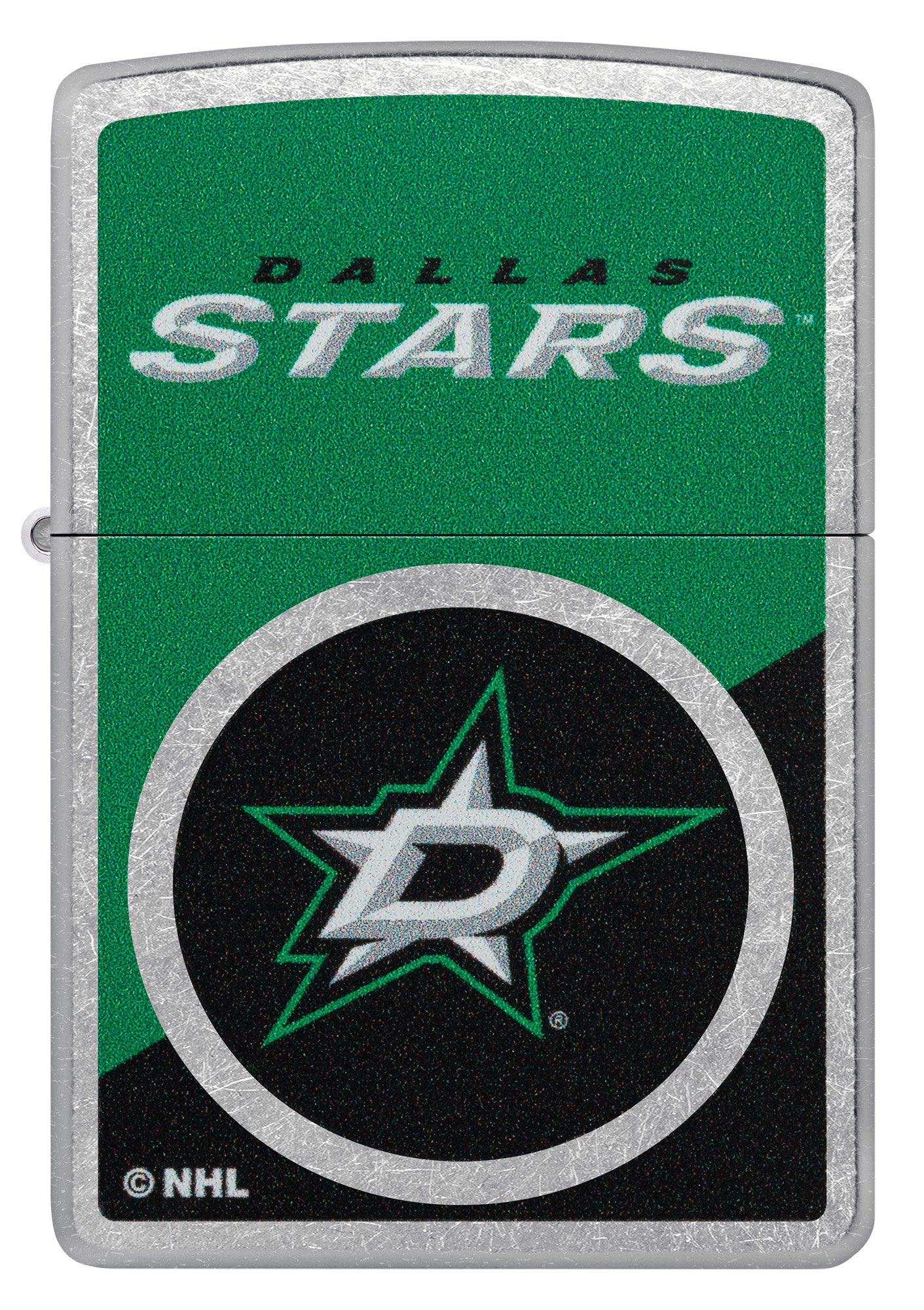 Zippo NHL® Dallas Stars® 2024 Street Chrome™ Windproof Lighter with its lid open and lit.