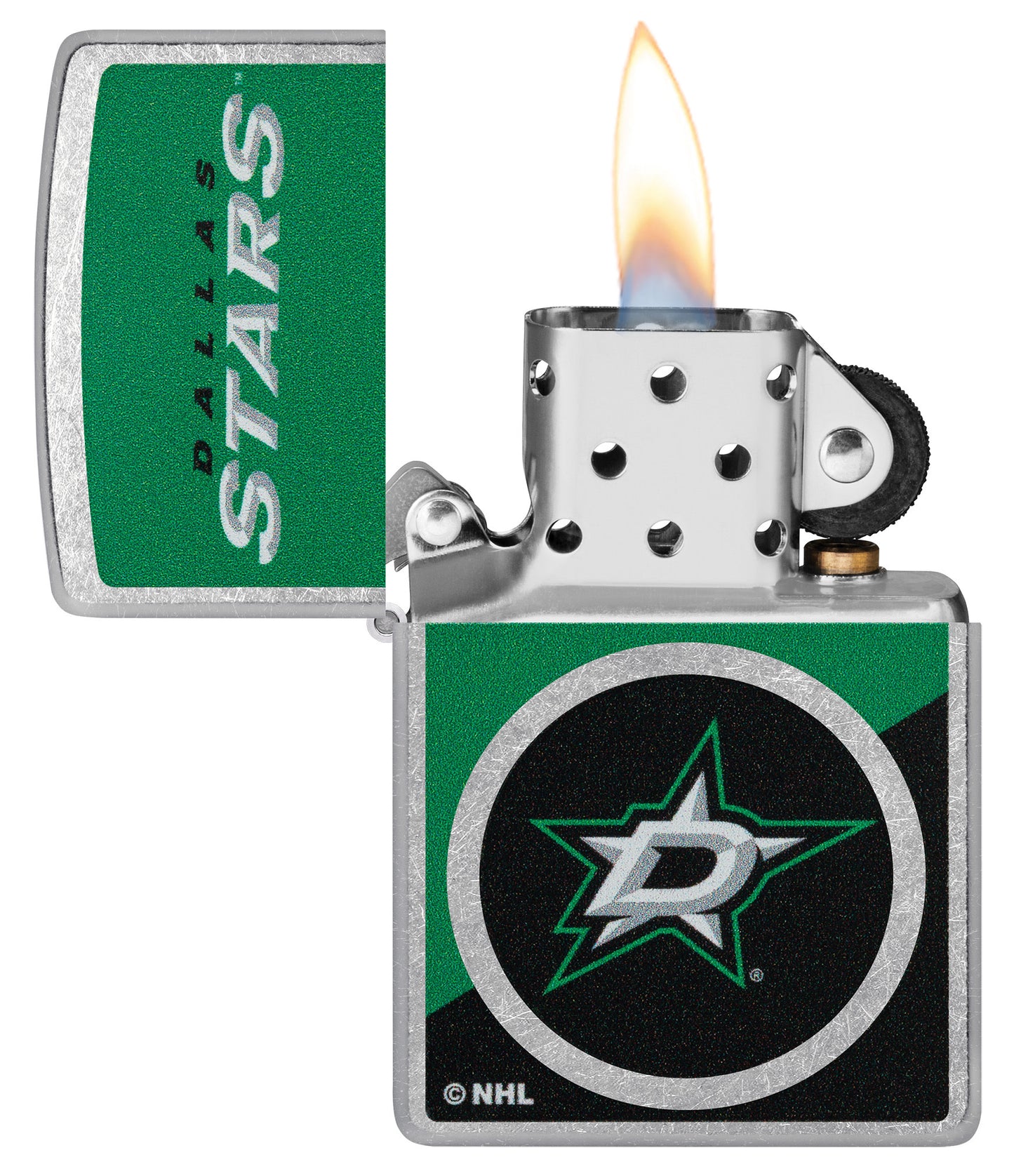 Zippo NHL® Dallas Stars® 2024 Street Chrome™ Windproof Lighter with its lid open and unlit.