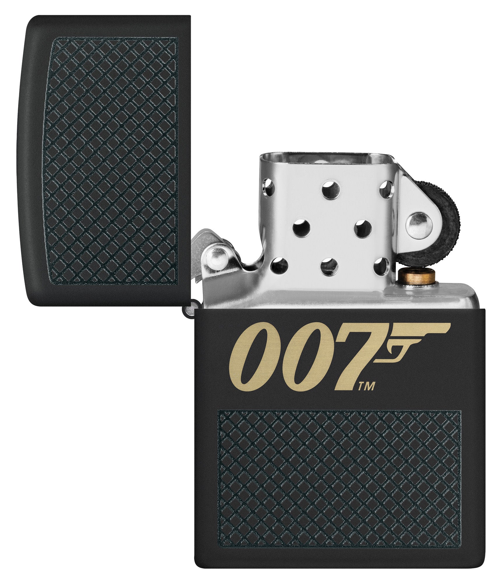 Zippo James Bond 007â„¢ Design Black Matte Windproof Lighter with its lid open and unlit.