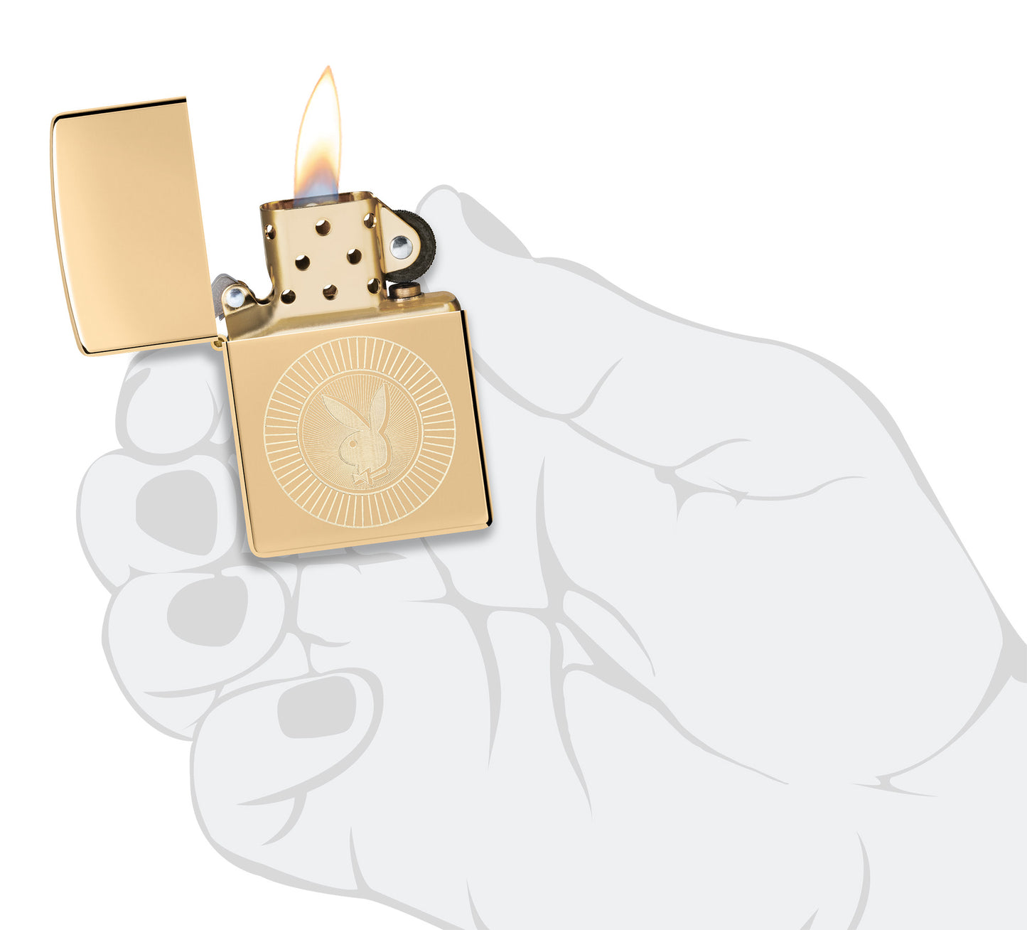 Zippo Playboy Rabbit Head Design High Polish Brass Windproof Lighter lit in hand.