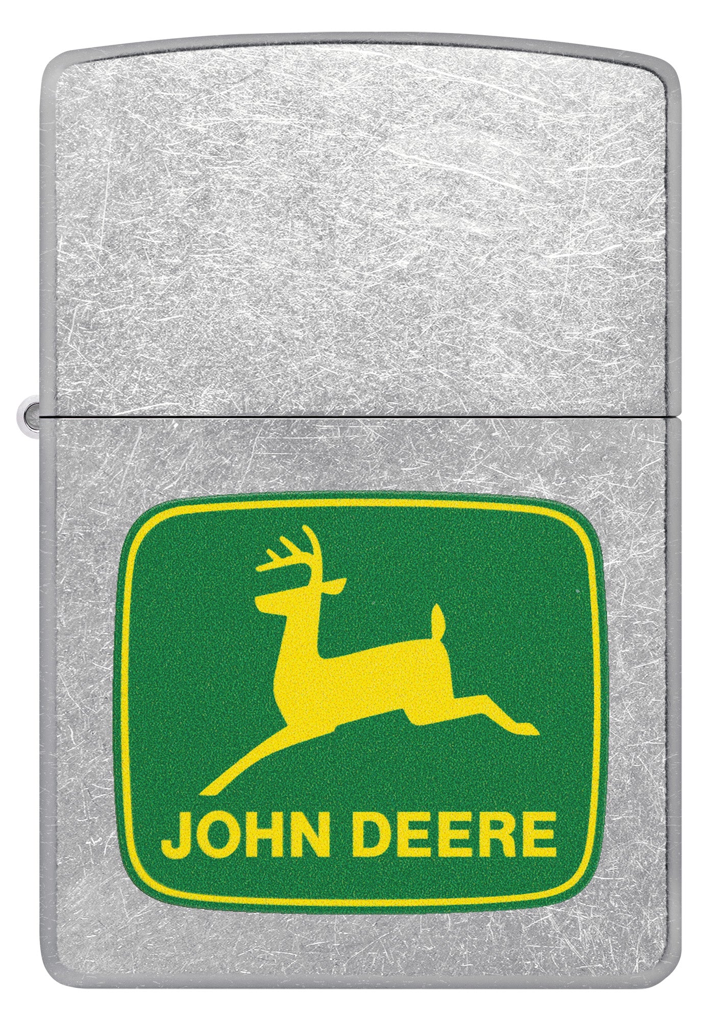 Front view of Zippo John Deere Leaping Deer Design Street Chrome Pocket Lighter.