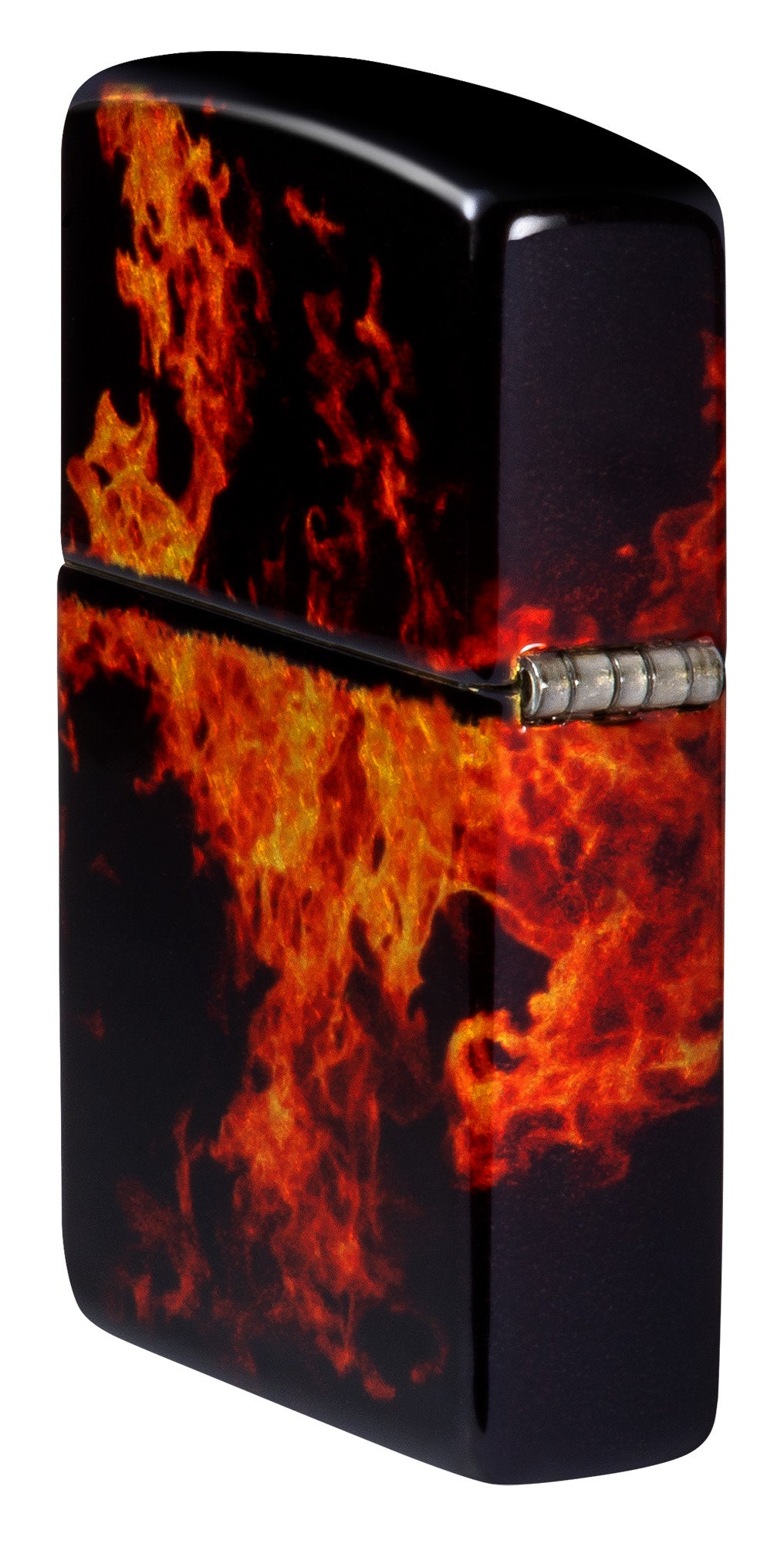 Angled shot of Zippo Fusion Inferno Design 540 Tumbled Brass Windproof Lighter showing the back and hinge side of the lighter.