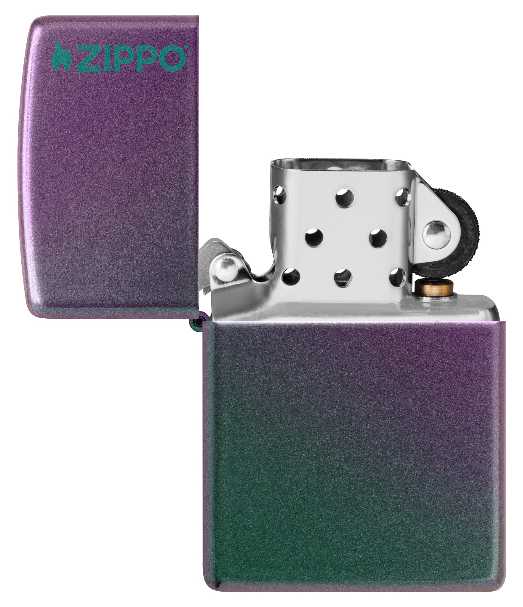 Classic Iridescent Zippo Logo Windproof Lighter with its lid open and unlit.