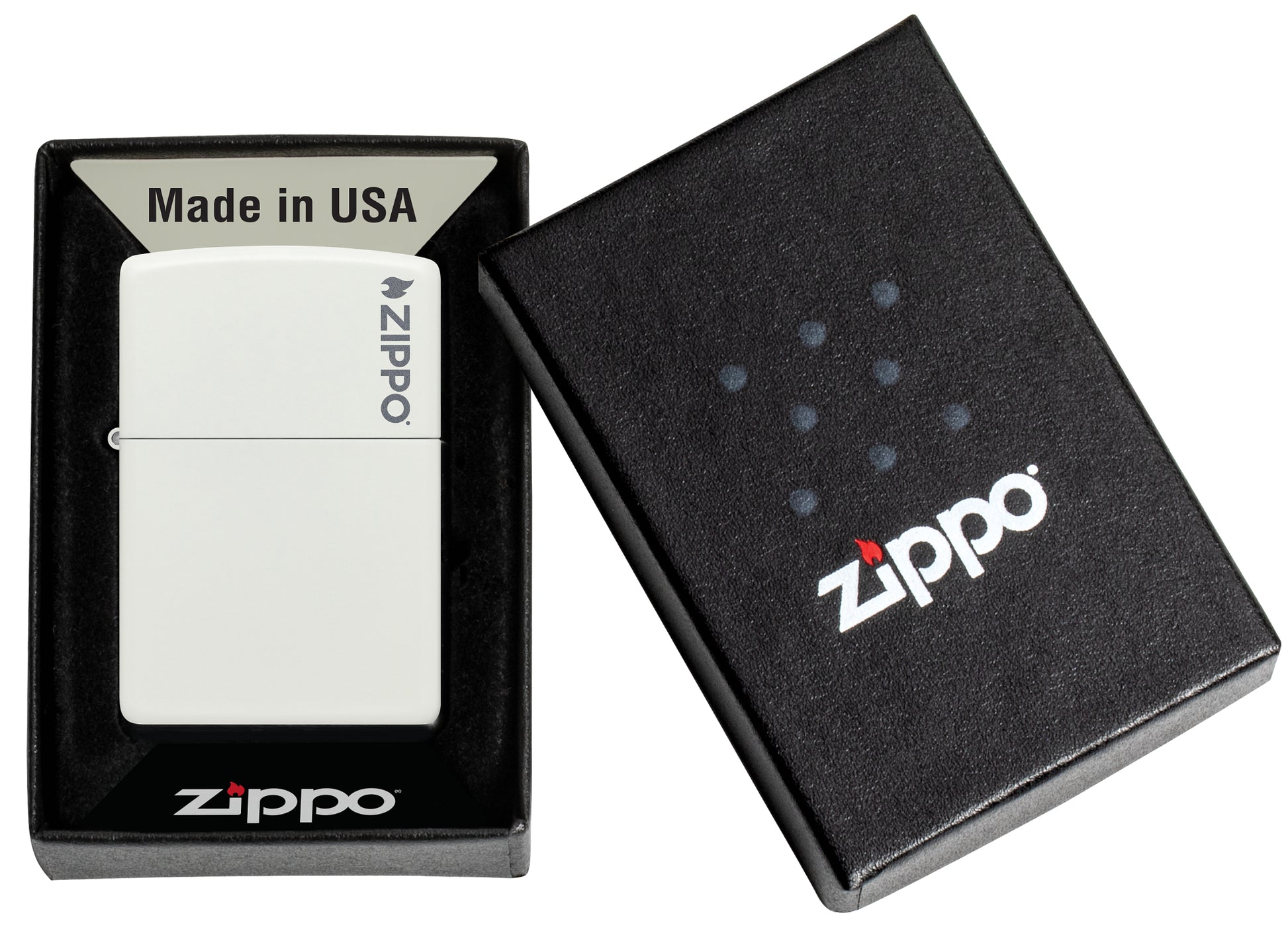 Classic White Matte Zippo Logo Windproof Lighter in its packaging.