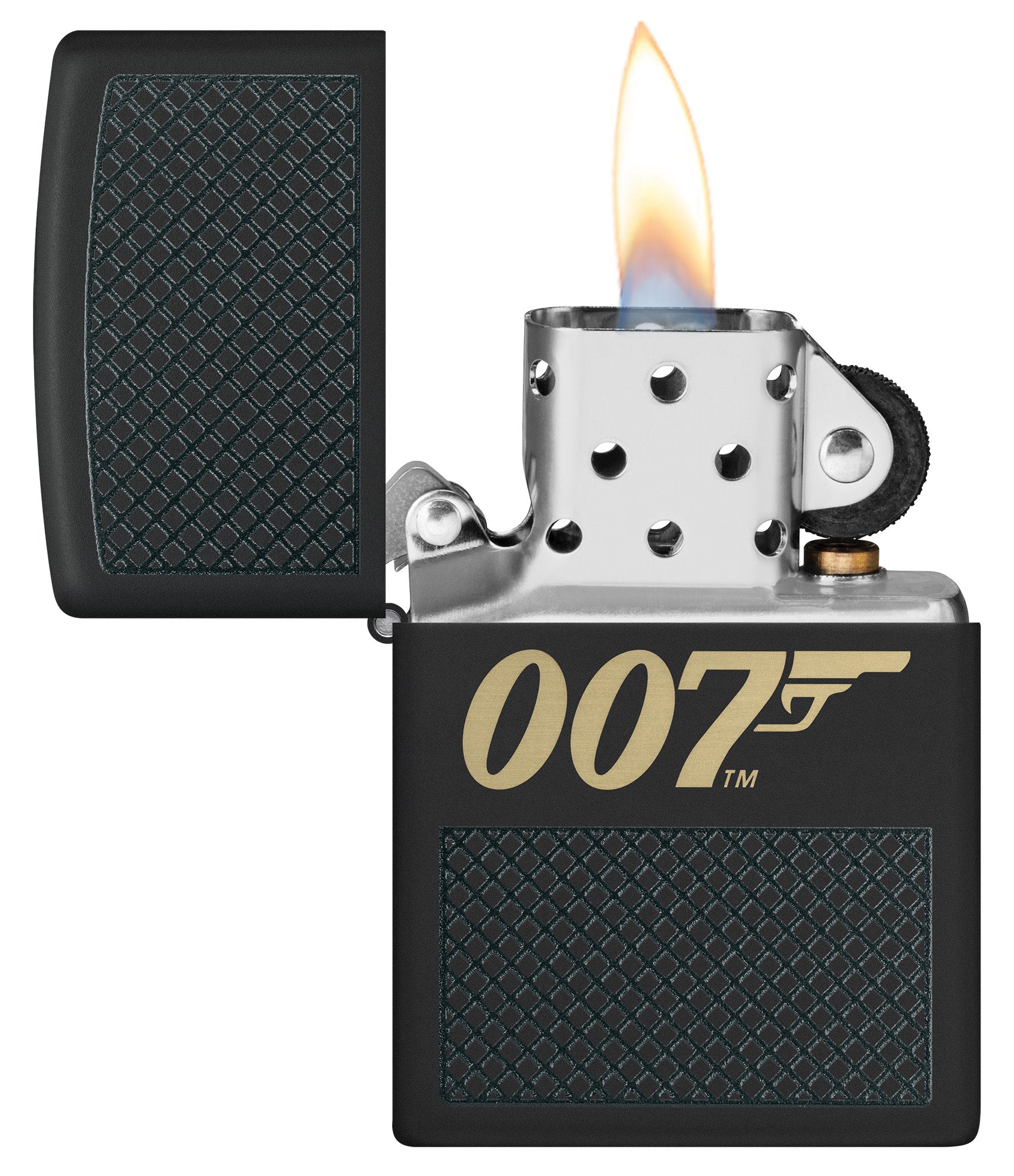 Zippo James Bond 007â„¢ Design Black Matte Windproof Lighter with its lid open and lit.