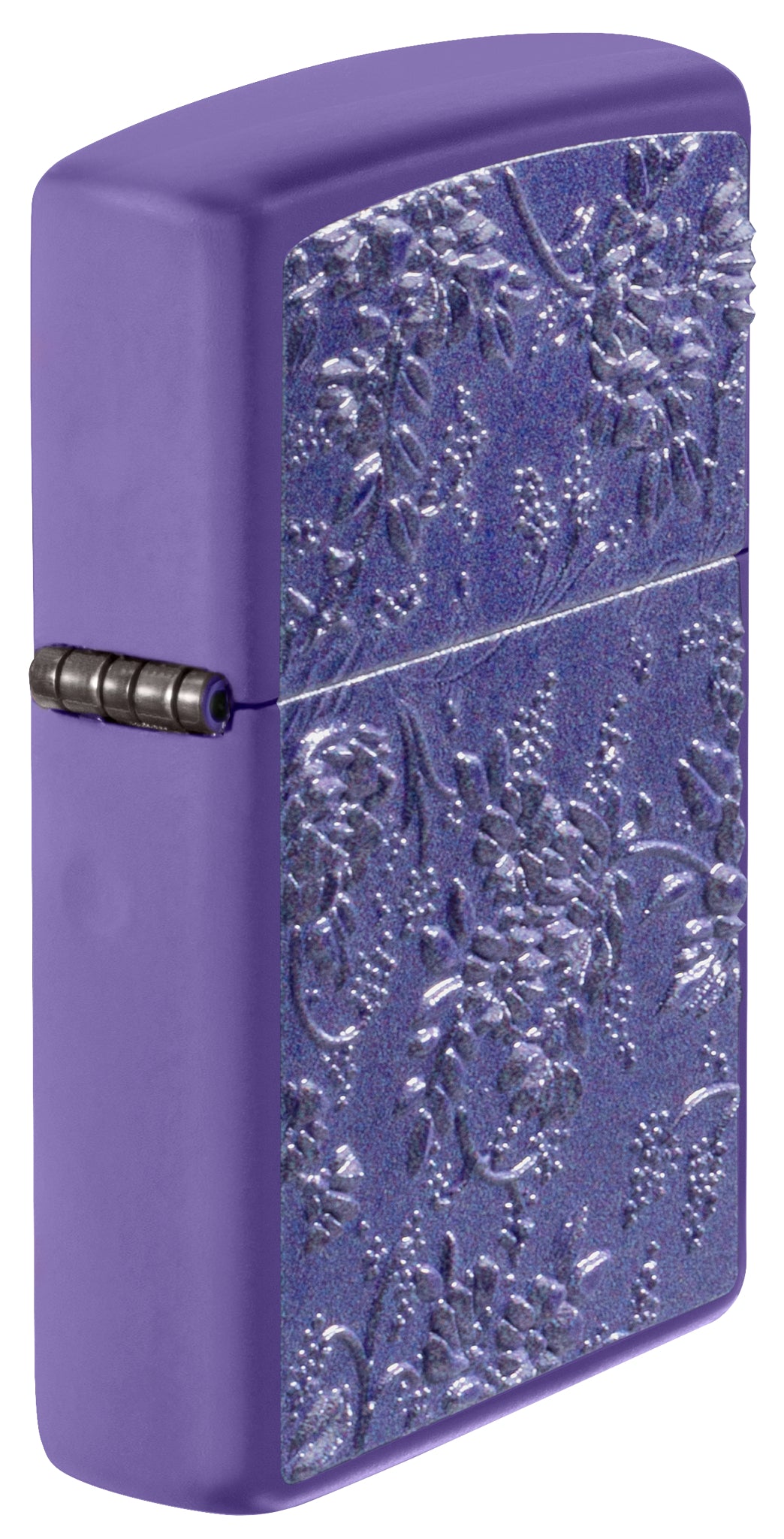 Front view of Zippo Texture Bouquet Design Purple Matte Windproof Lighter standing at an angle, showing the texture print.