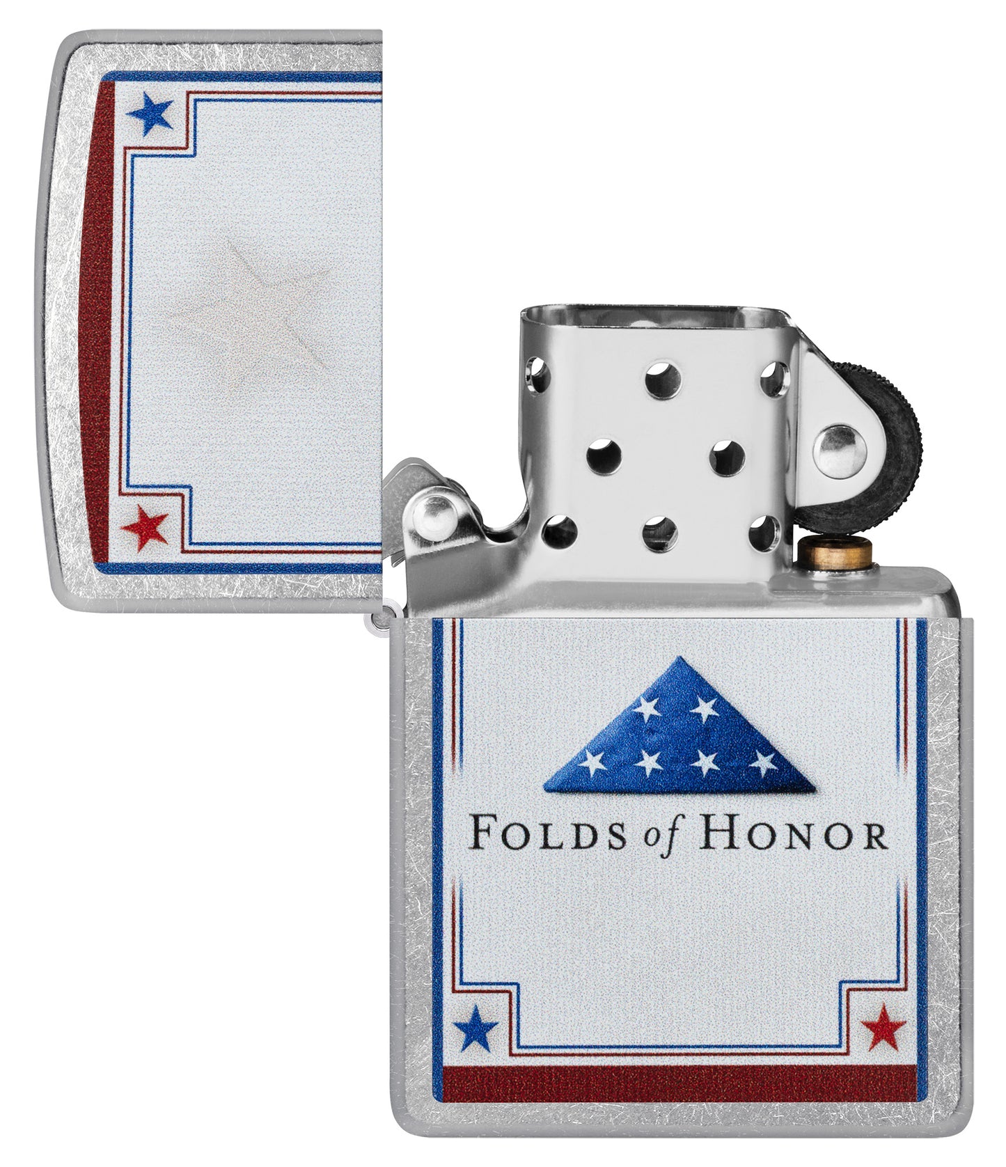 Zippo Folds of Honor Logo Design Street Chrome Pocket Lighter with its lid open and unlit.