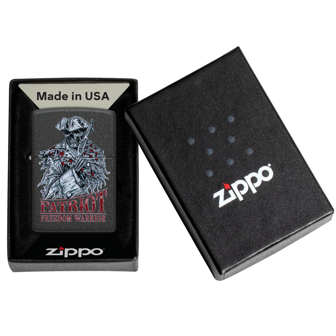 Zippo Freedom Warrior Design Black Crackle® Windproof Lighter in its packaging.