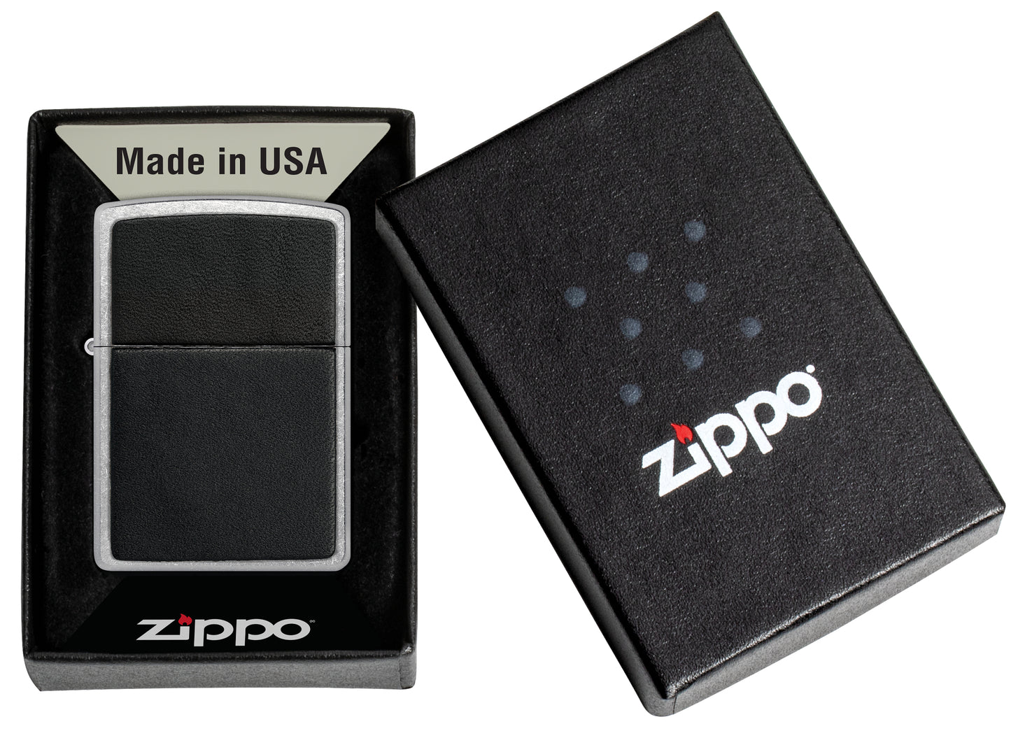 Zippo Black Leather Emblem Street Chrome Windproof Lighter in its packaging.