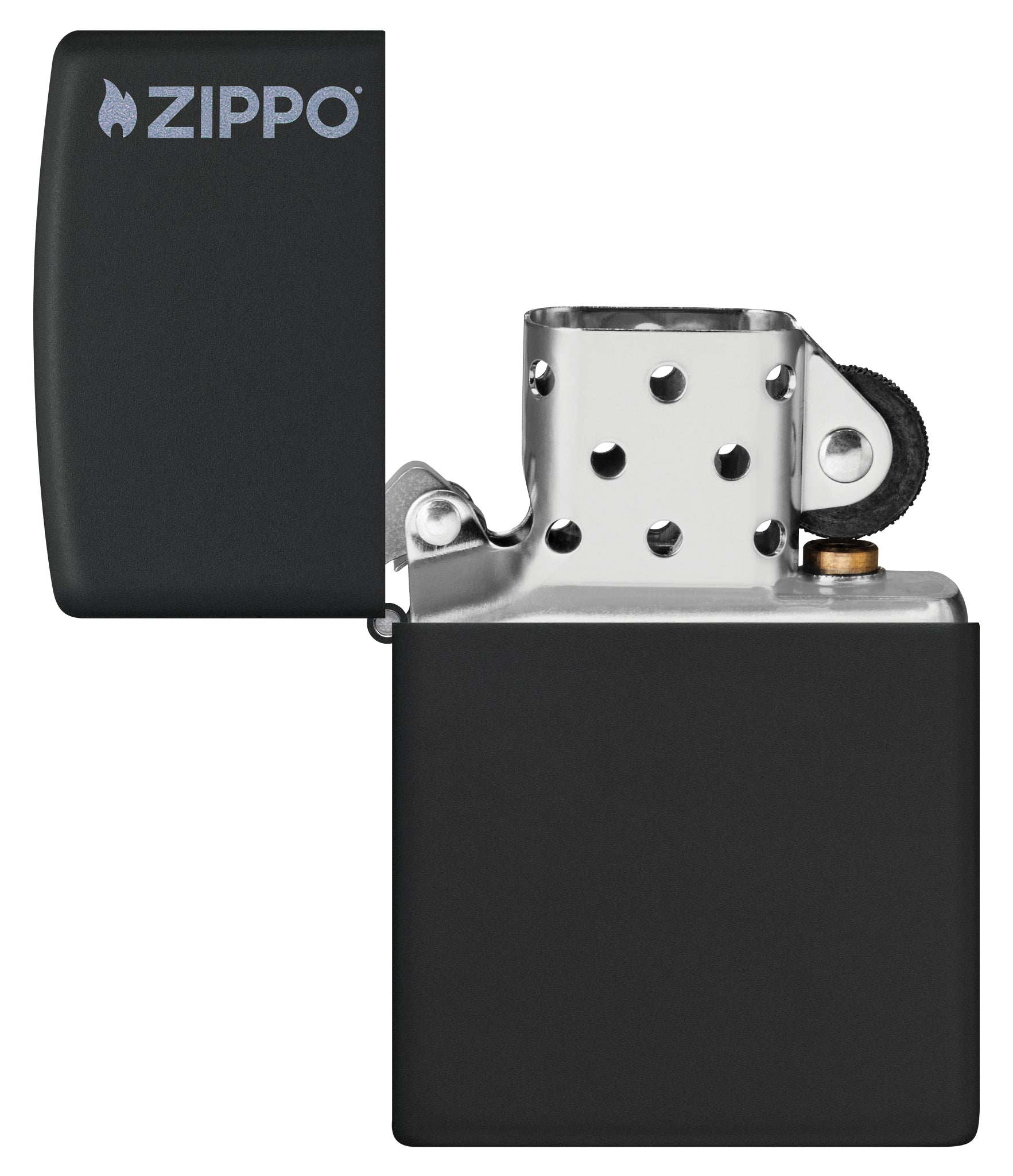 Classic Black Matte Zippo Logo Windproof Lighter with its lid open and unlit.