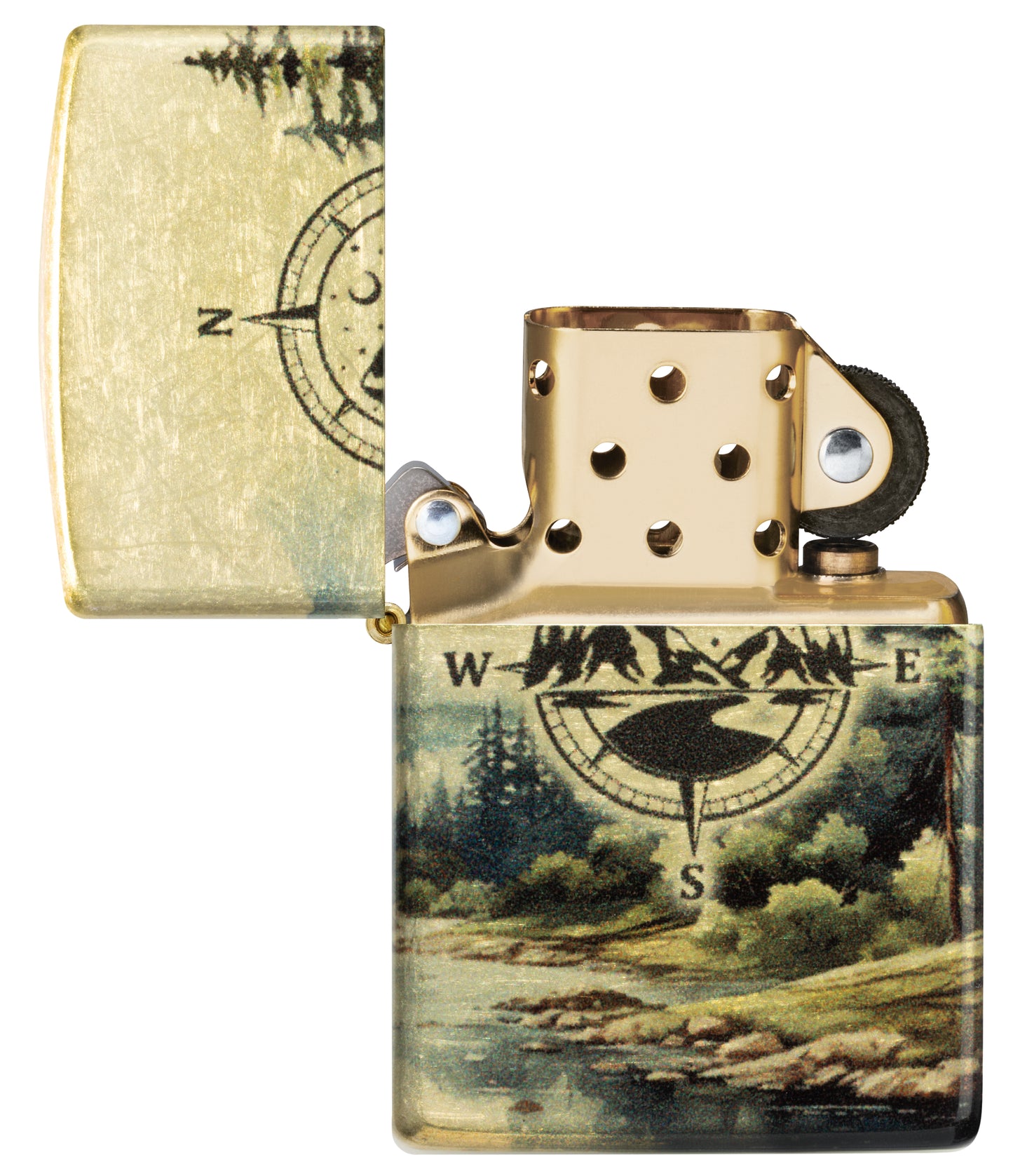 Zippo Watercolor Wilderness Design 540 Tumbled Brass Windproof Lighter with its lid open and unlit.
